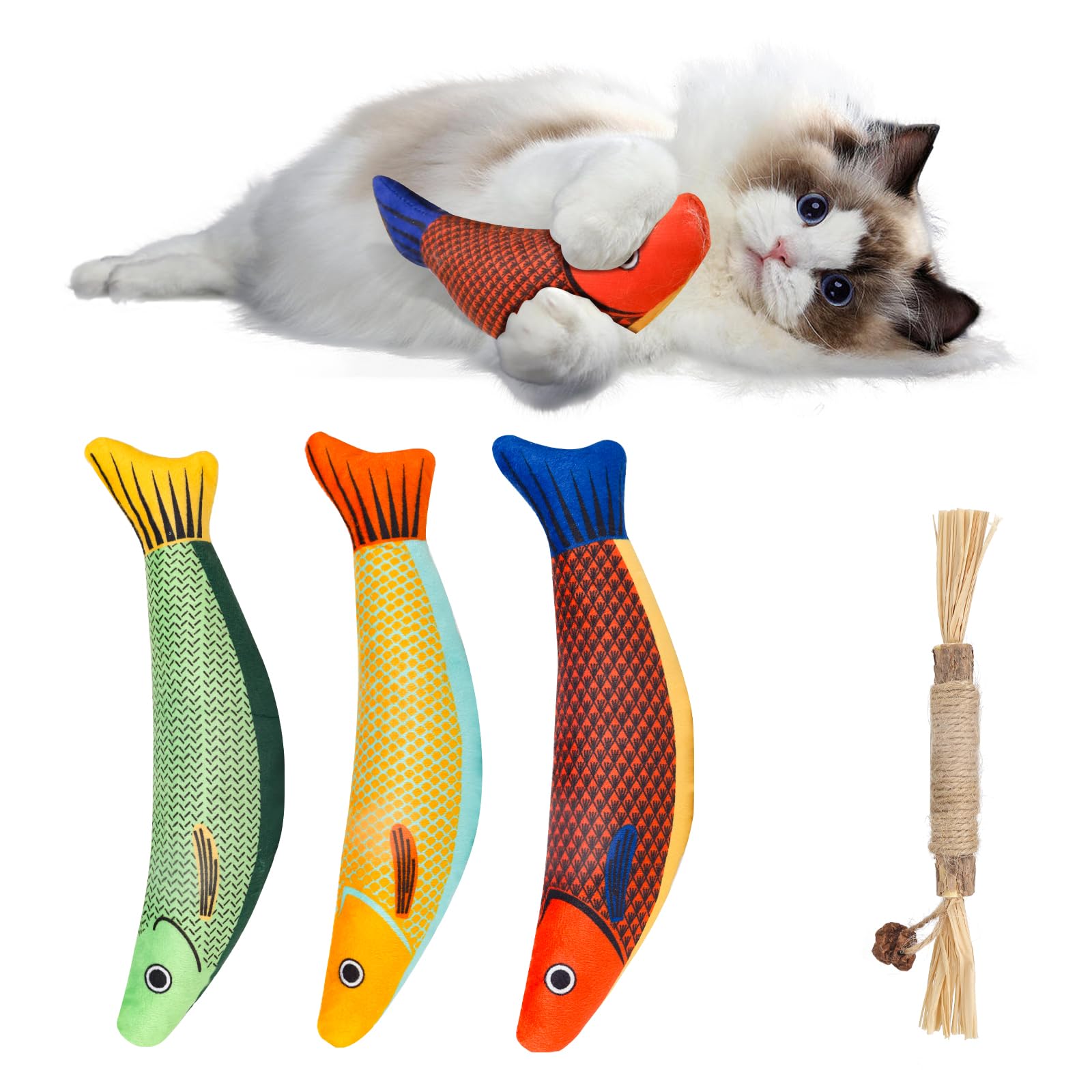 Owletwishes Cat Toys 4 Pack, Fish Shaped Catnip Toys With Crinkle Sound, Durable Interactive Chew & Kicker Toys For Indoor Cats,