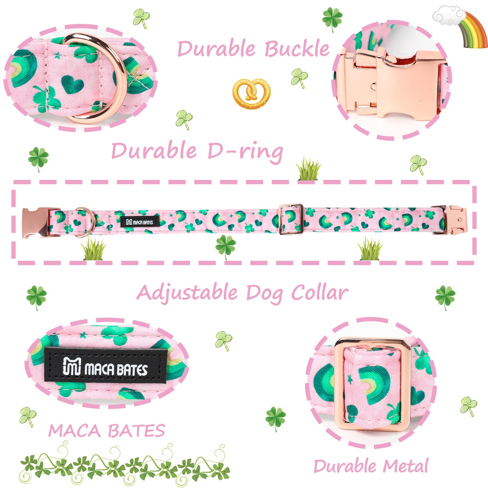 Maca Bates St Patricks Day Dog Collar Irish Clover Dogs Collars Pink Green Soft Adjustable Durable Saint Patrick'S Shamrock Spri
