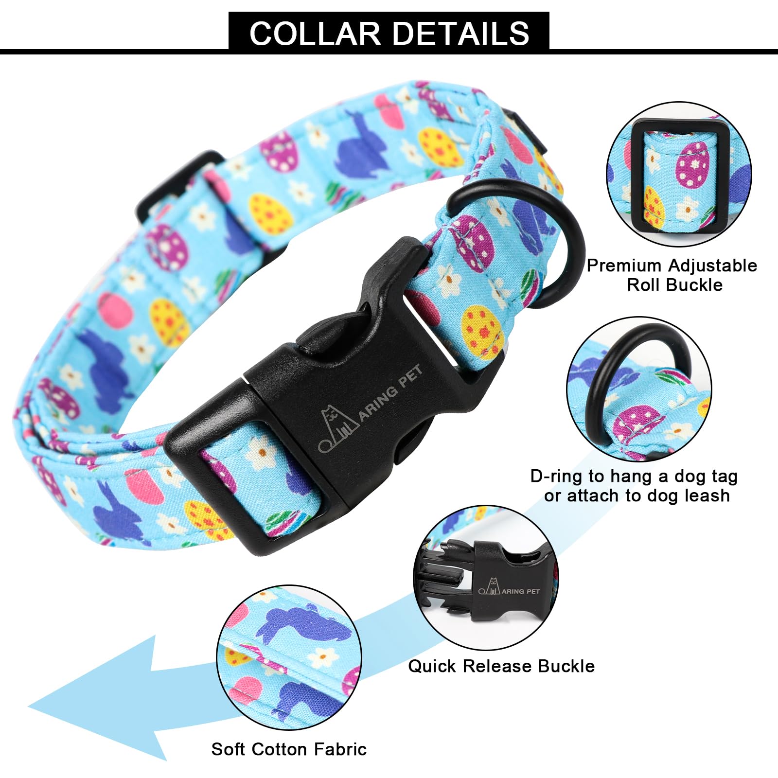 Aring Pet Easter Dog Collar-Cute Blue Rabbit Dog Collars, Adjustable Cotton Bunny Pet Collar Puppy Collars With Quick Release Bu