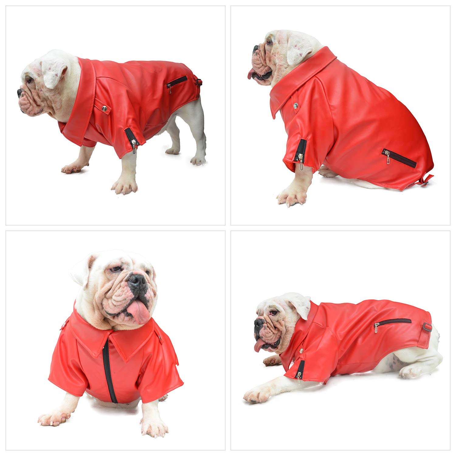 Lovelonglong Cool Dog Leather Jacket, Warm Coats Dogs Windproof Cold Weather Coats For Pugs Bulldog Pitbull Red B-L