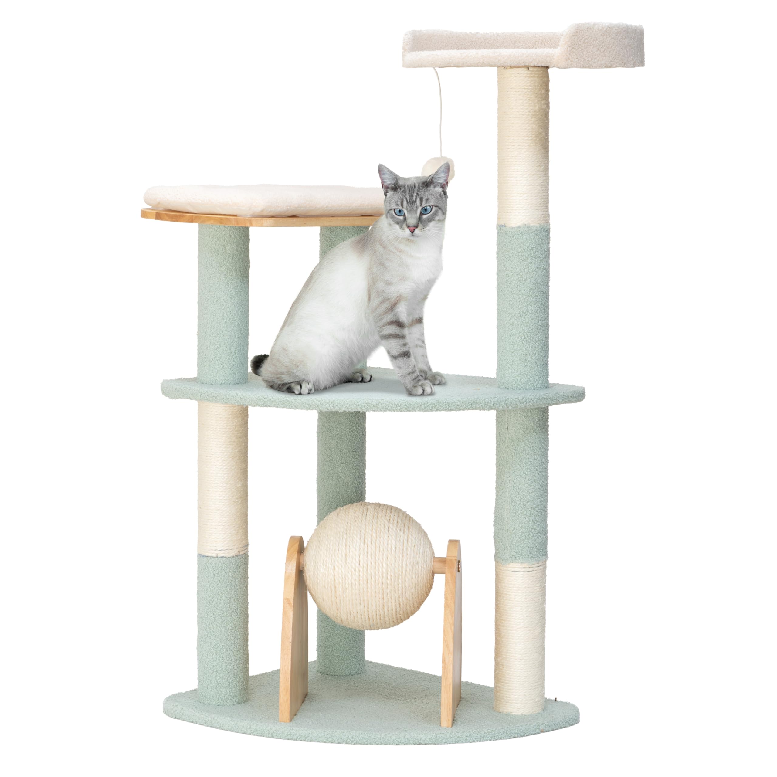 Kitty City Triple Perch Wooden Cat Tower with Scratching Posts & Hanging Toys, Modern Multi-Level Indoor Cat Furniture with Sher
