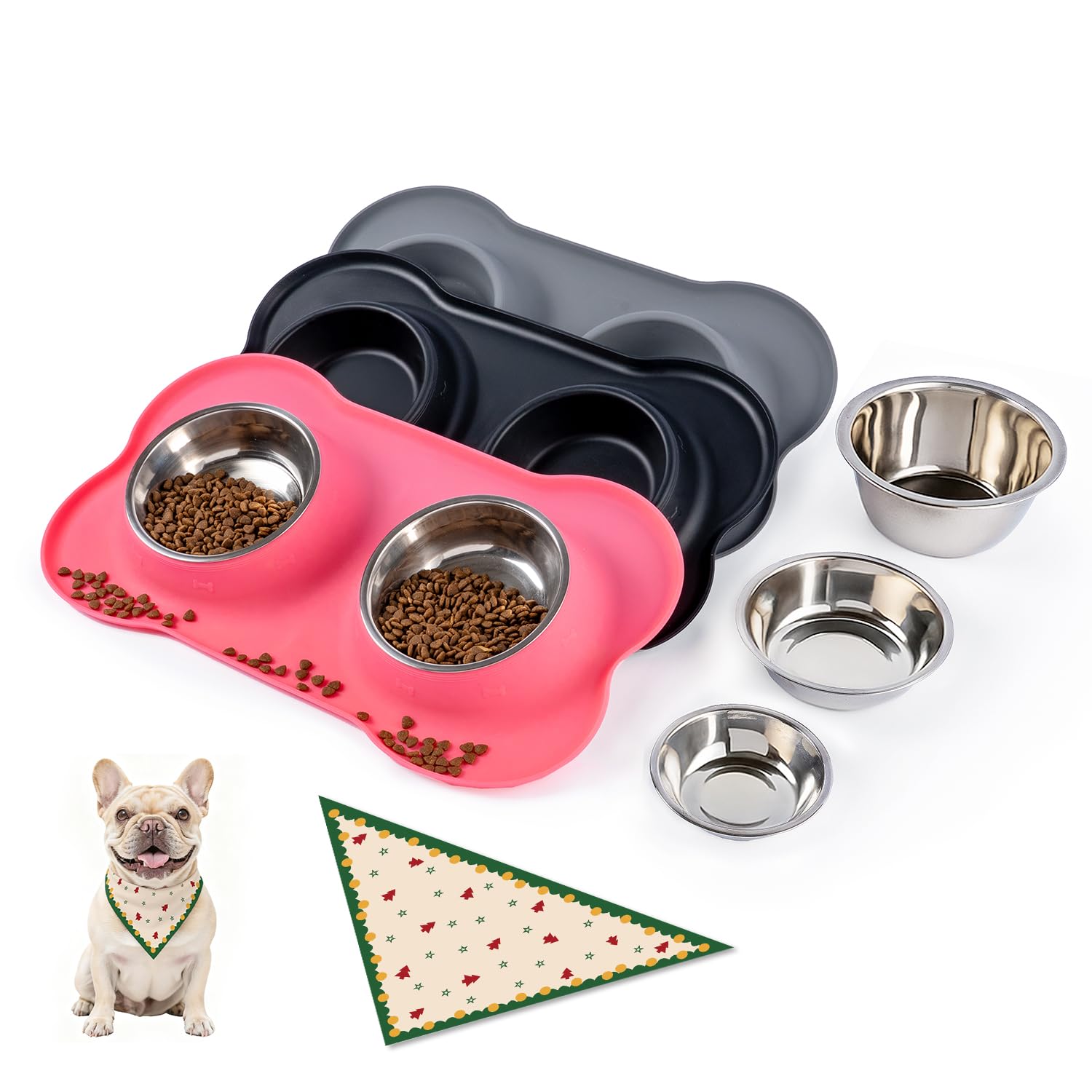 Conlun Dog Bowls with Silicone Feeding Mat,No Spill Food Water Dish Set,Dishwasher Safe,2 Stainless Steel Puppy Bowls with Dogs 