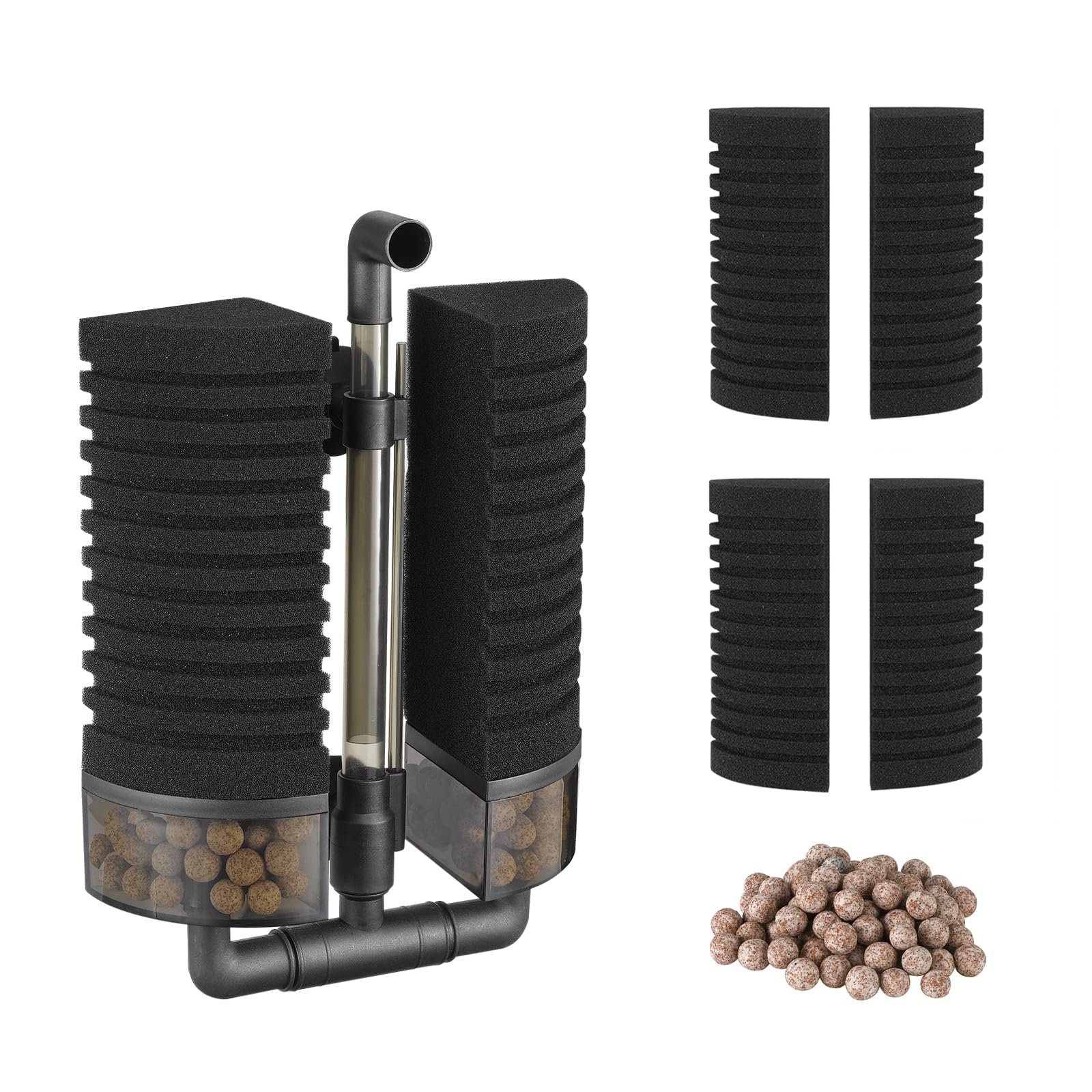 Carefree Fish Aquarium Filter Sponge Fish Tank Quiet Bubble Filter with 4 Sponges and 1 Bag of Filtered Ceramic Balls for Salt W