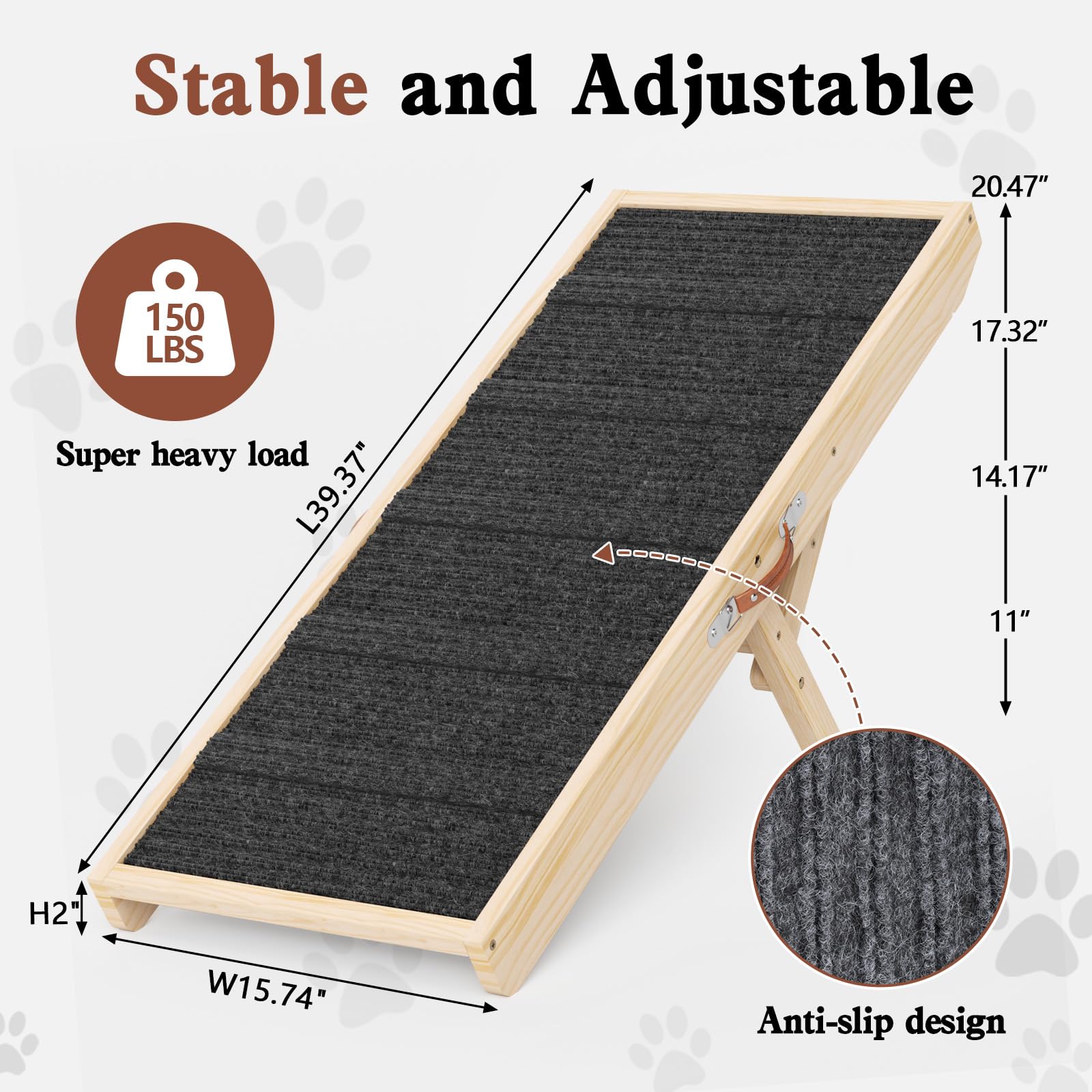 Chuiendi Dog Ramp For Couch, Wooden Pet Ramps 39.37'' Long Adjustable 11''-20.47'' Folding Puppy Ramps With High Traction Mat, D