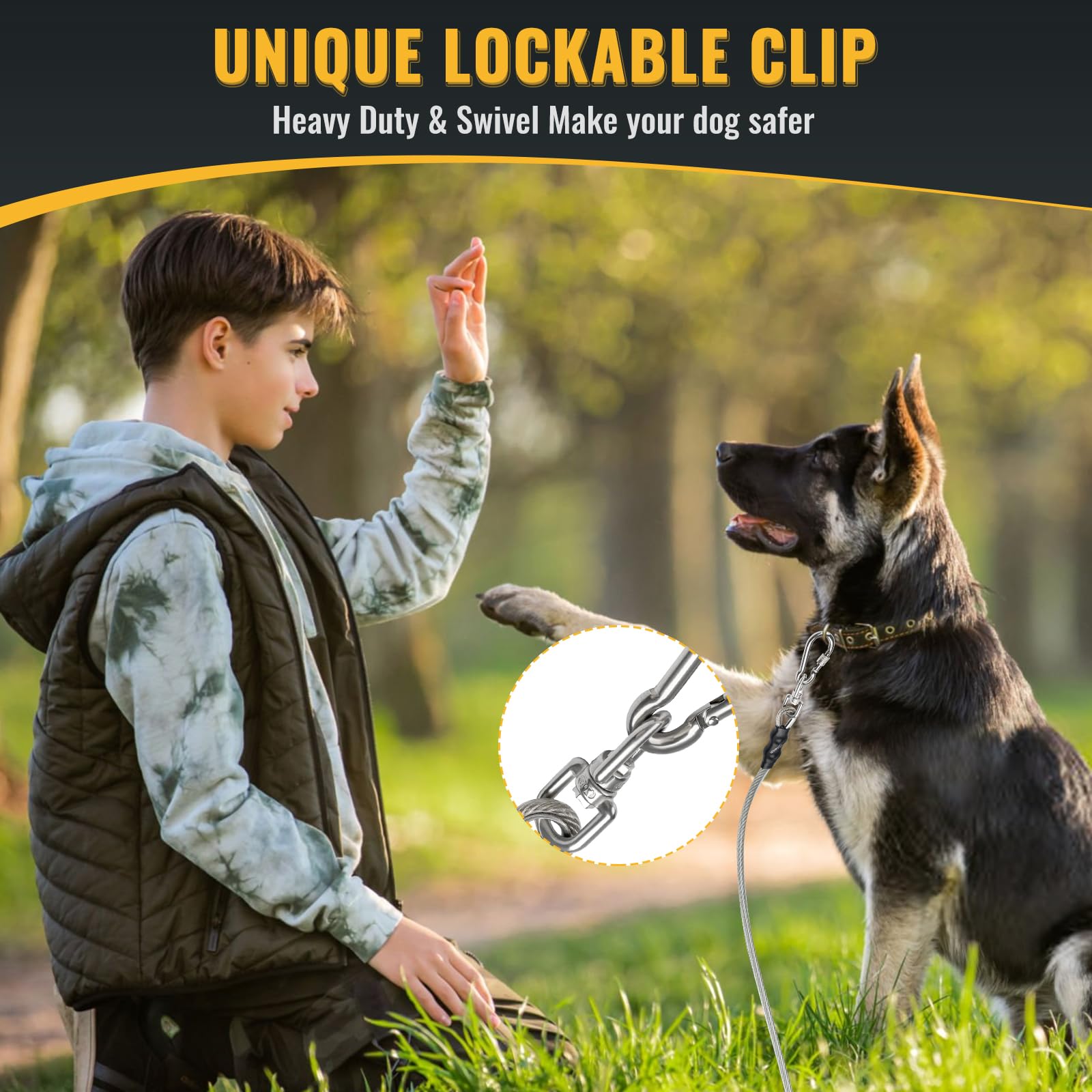 Ojomow Heavy Duty Dog Tie Out Cable For Stake, Anti-Rusty Long Dog Leash For Large Dogs - Actual 2000Lbs Break Strength (10Ft)