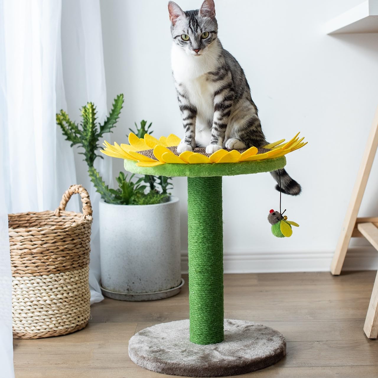 Catry 24' Sunflower Cat Scratching Post, Sunflower Small Cat Bed, 2 In 1 Natural Jute Scratching Pad And Bed With Cat Teaser Bee Toy