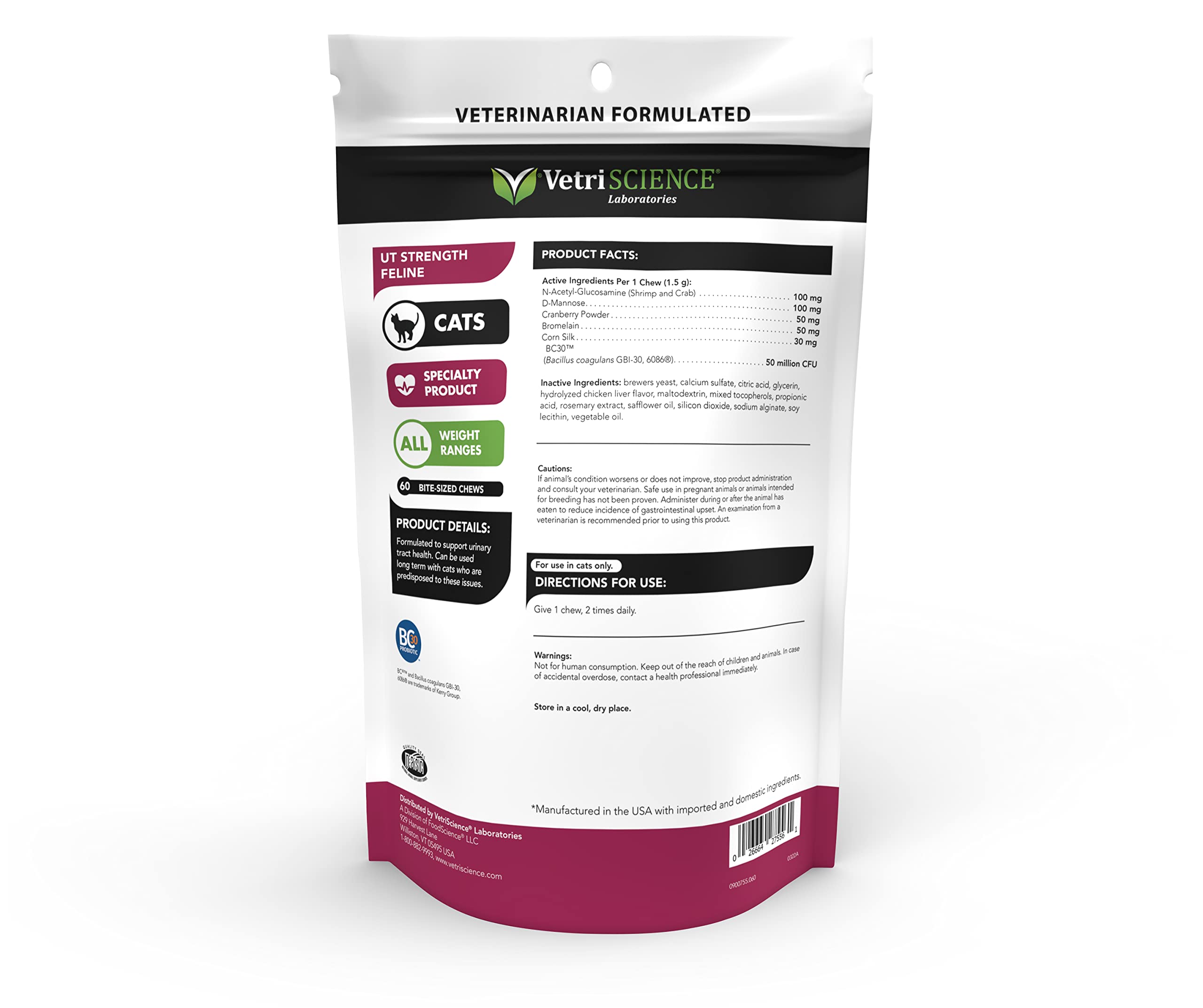 VetriScience UT Strength Feline Urinary Tract Supplement for Cats - Chews for Urinary Tract Support with Cranberry Powder, Brome