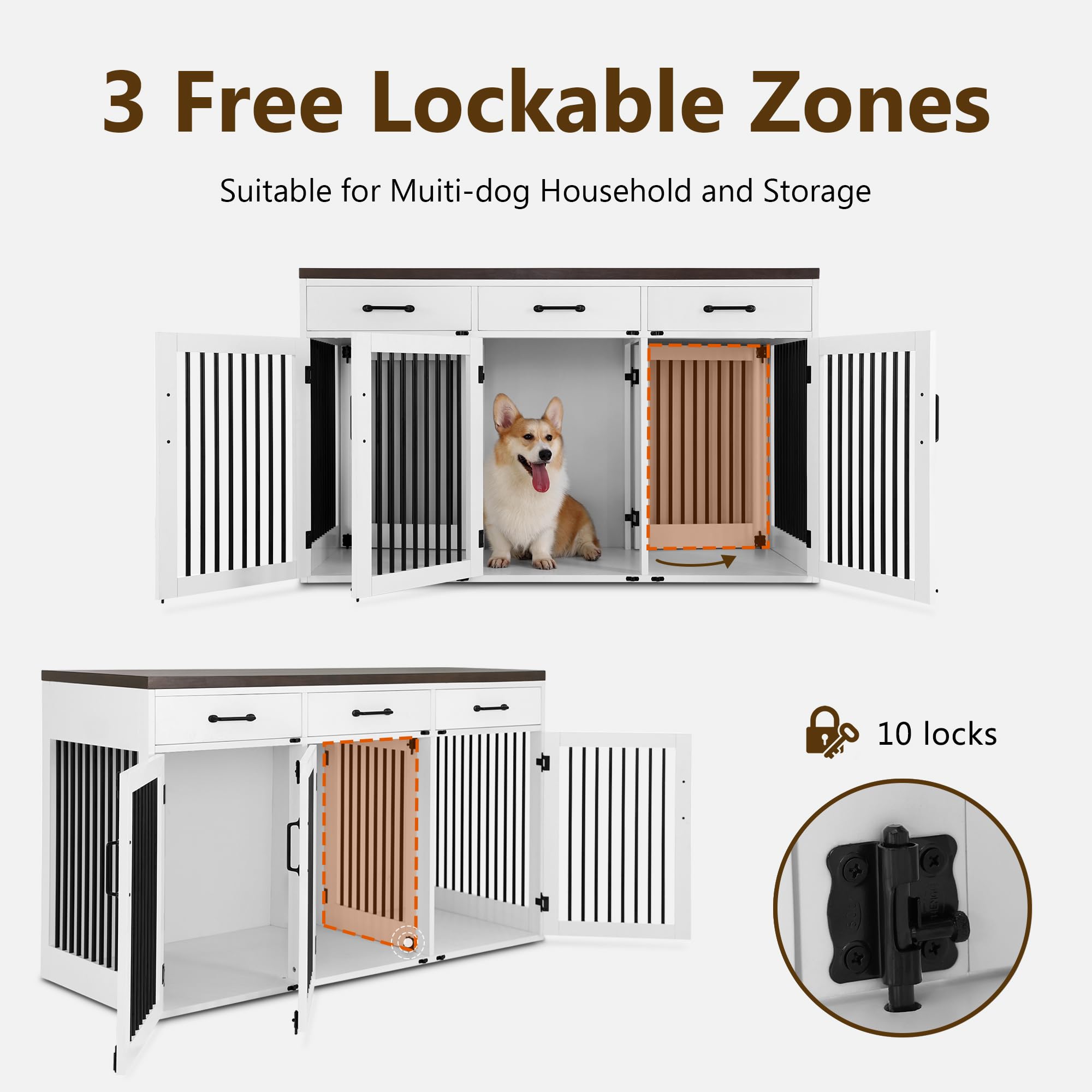 Lovupet Wooden Dog Crate Furniture with Lockable Doors, Removable Dividers, and Drawers, Pet Kennel Table for Small/Medium/Large