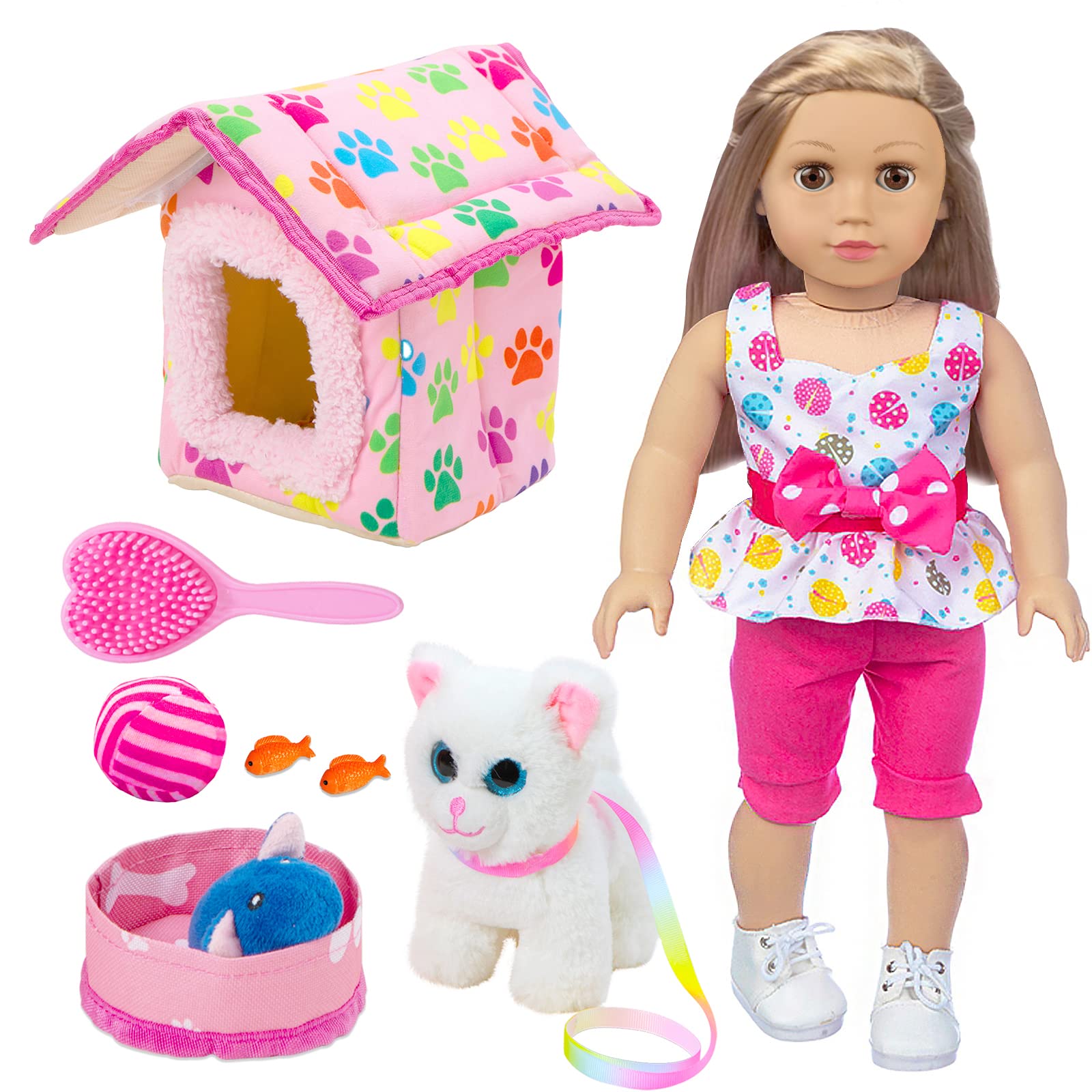 Zntwei American Doll Clothes And Accessories - Pet Kitty Play Set Fit American 18 Inch Doll Including 18 Inch Doll Clothes, Pet Nest, Cat Pot, Toy Ball, Hair Comb, Toy Fish