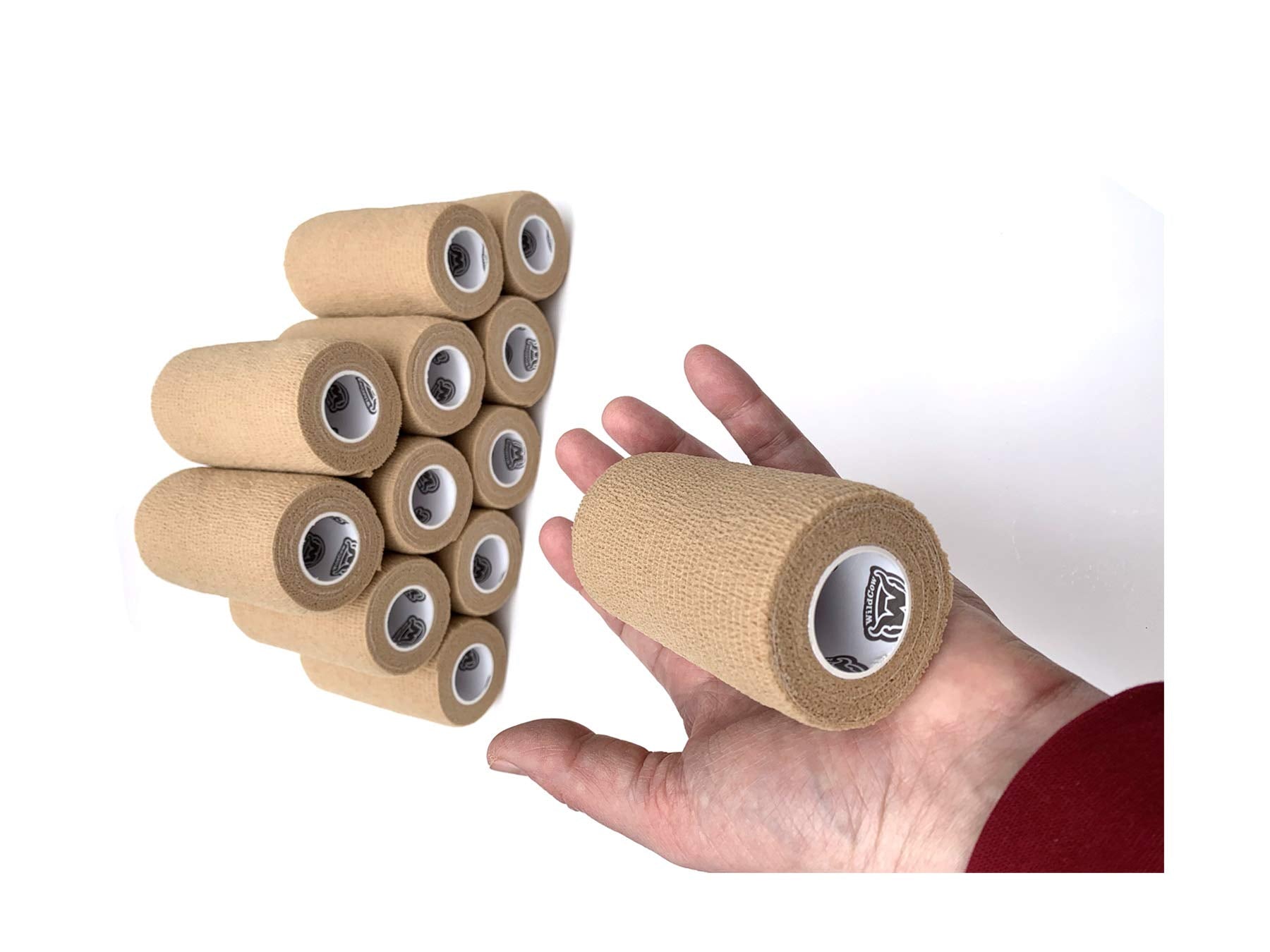WildCow 4 Tan Vet Wrap Tape Bulk, 12 Pack Cohesive Bandage Wrap, Self Adherent Grip Rolls
