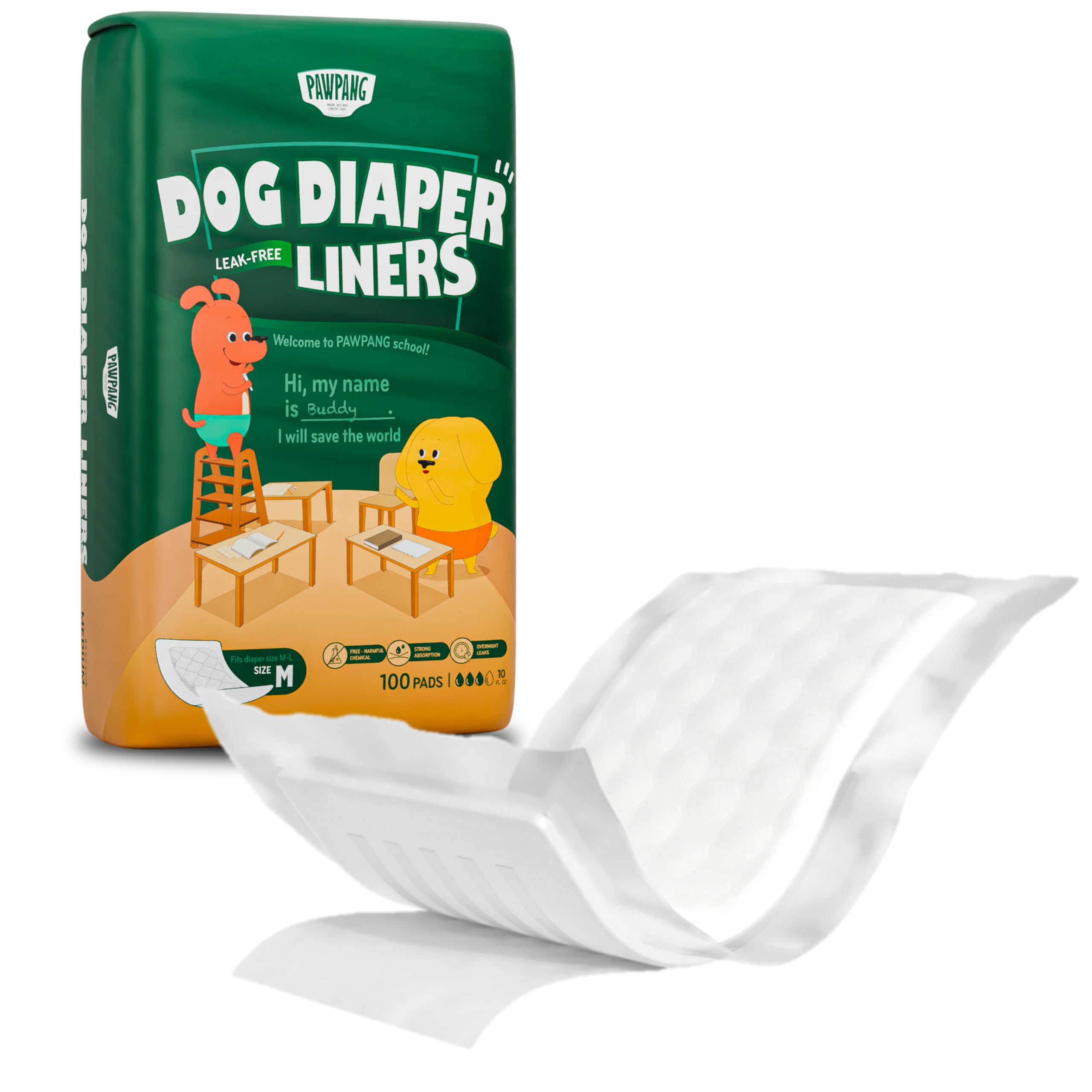 PAWPANG Disposable Dog Diaper Liners Booster Pads for Male & Female Dogs, 100ct, 4 Sizes Options, Doggie Diaper Inserts fit Most
