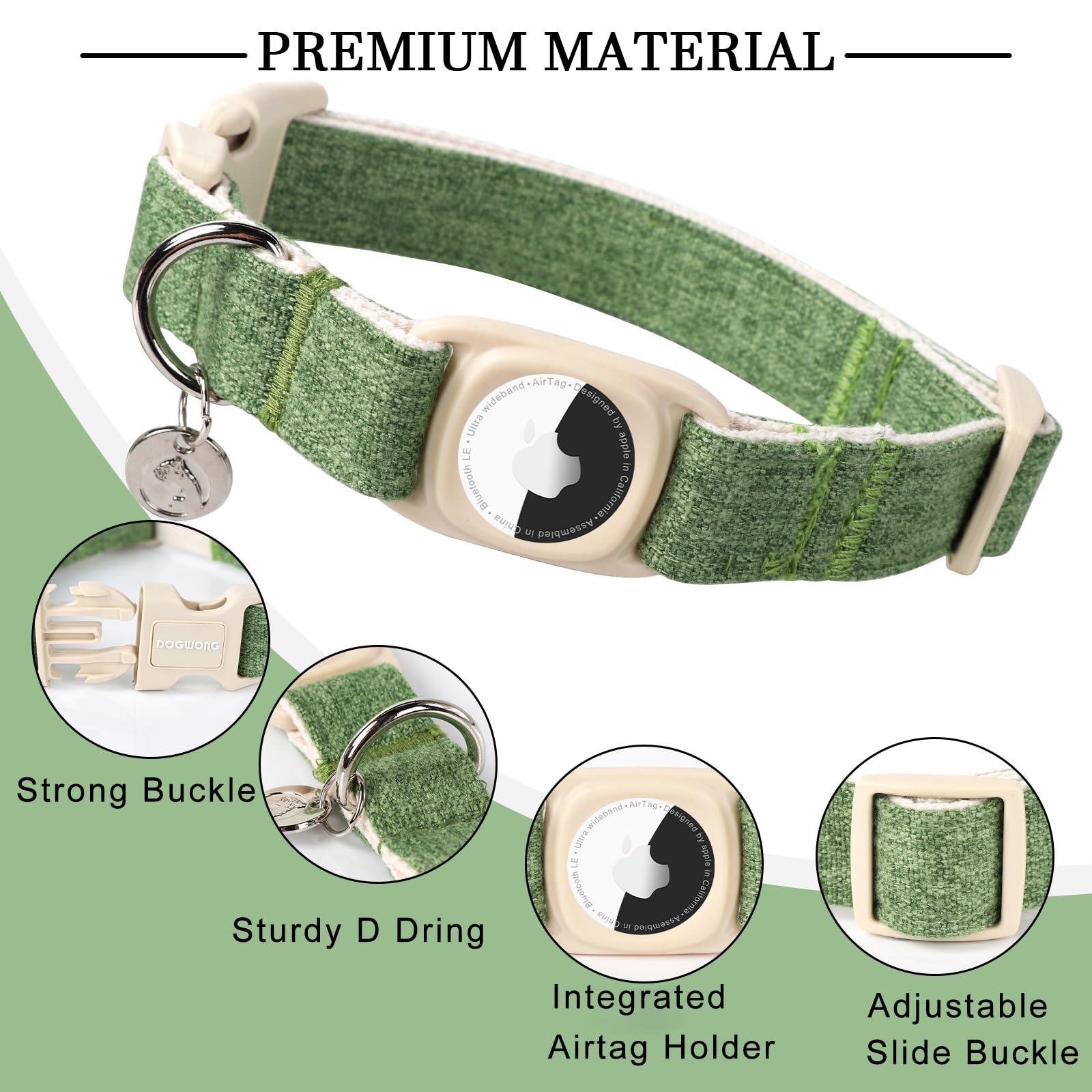 Dogwong Airtag Cotton Hemp Dog Collar, Heavy-Duty Dog Collar With Airtag Holder Green Natural Fabric Pet Cute Puppy Necklace For