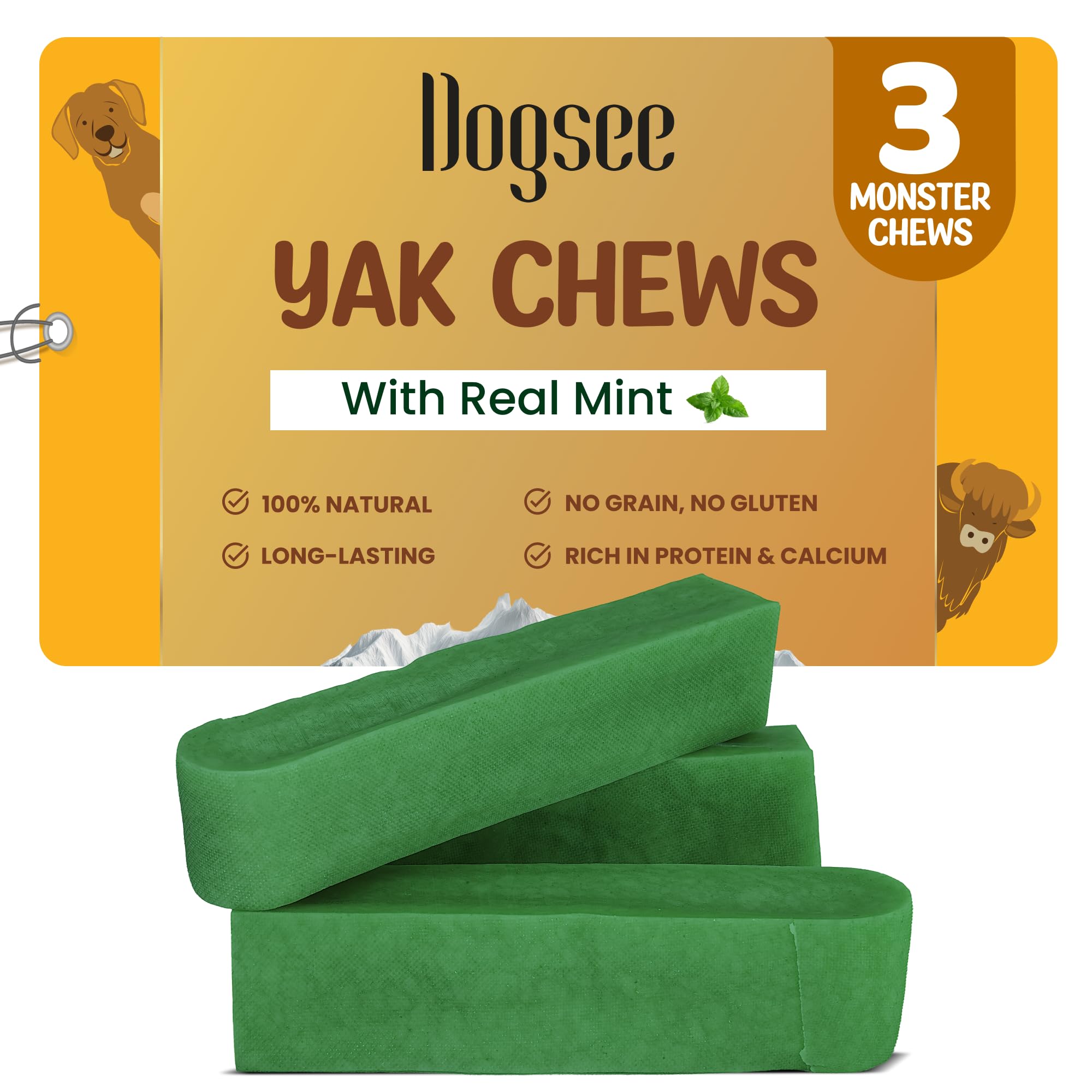 Dogsee Mint Flavor Himalayan Yak Chews for Dogs (Monster - 3 Bars) | Aid Digestion | Dog Chews for Teeth Cleaning | Odorless Dog
