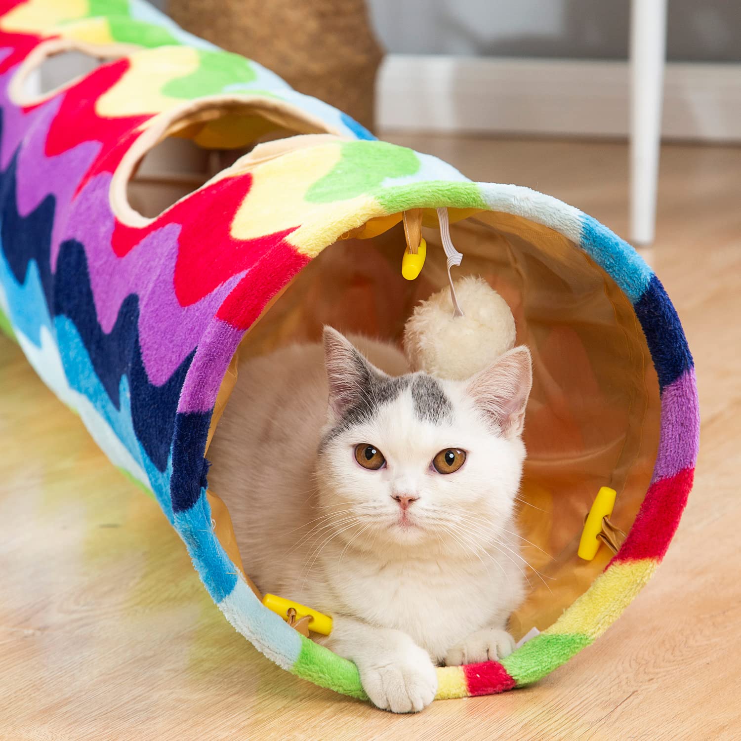 Luckitty Cat Tunnel -Straight-Shaped, Rainbow Wave Color, Soft Velvet Exterior, Oxford Fabric Fog-Proof Interior, Plush Toy Ball, Easily Washable, Conveniently Foldable, 47.2In/120Cm