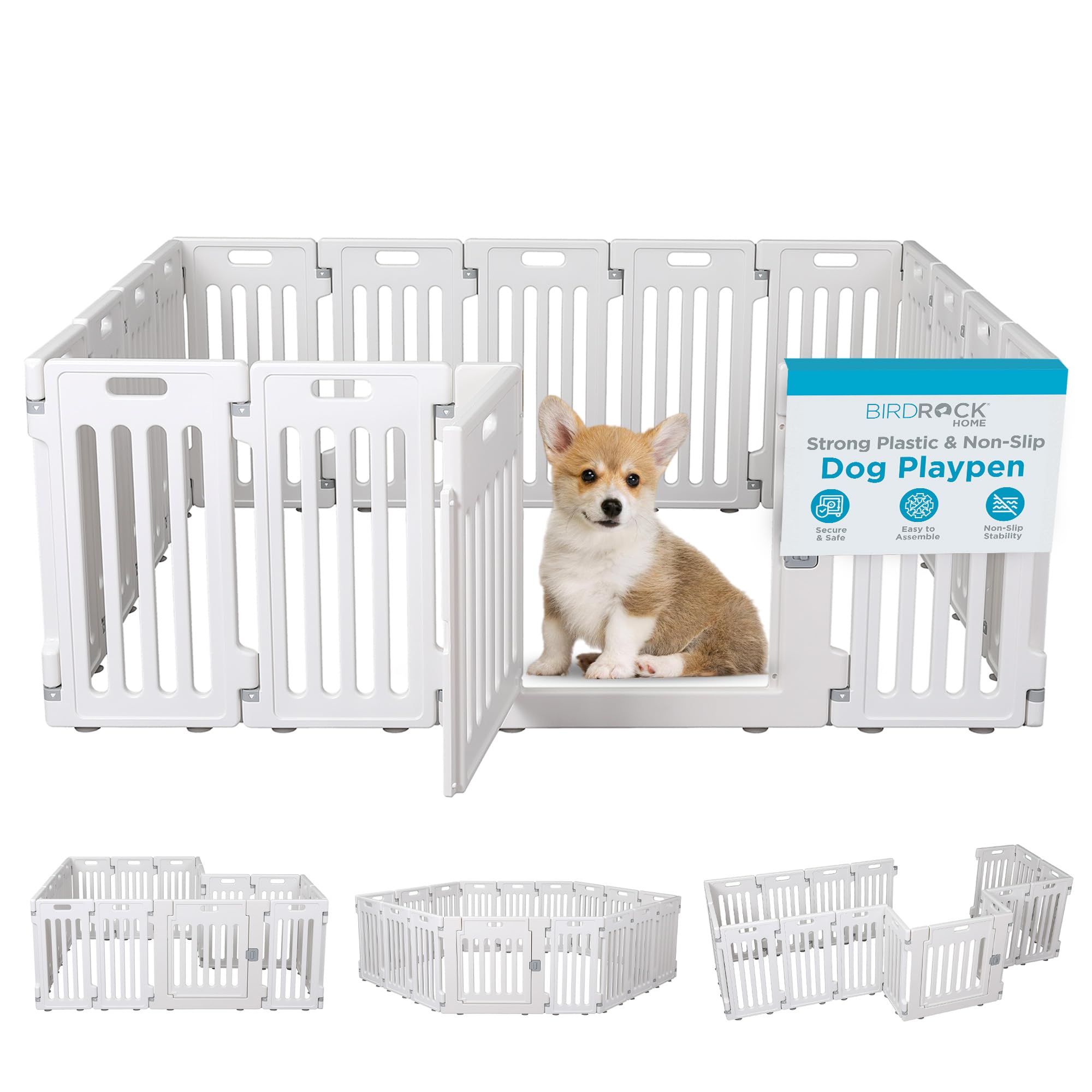 Birdrock Home Dog Playpen W/Door, 16 Panel, 25.6In H | Strong Plastic, Non-Slip Puppy Playpen, Secure Pet Gate | Indoor Outdoor 