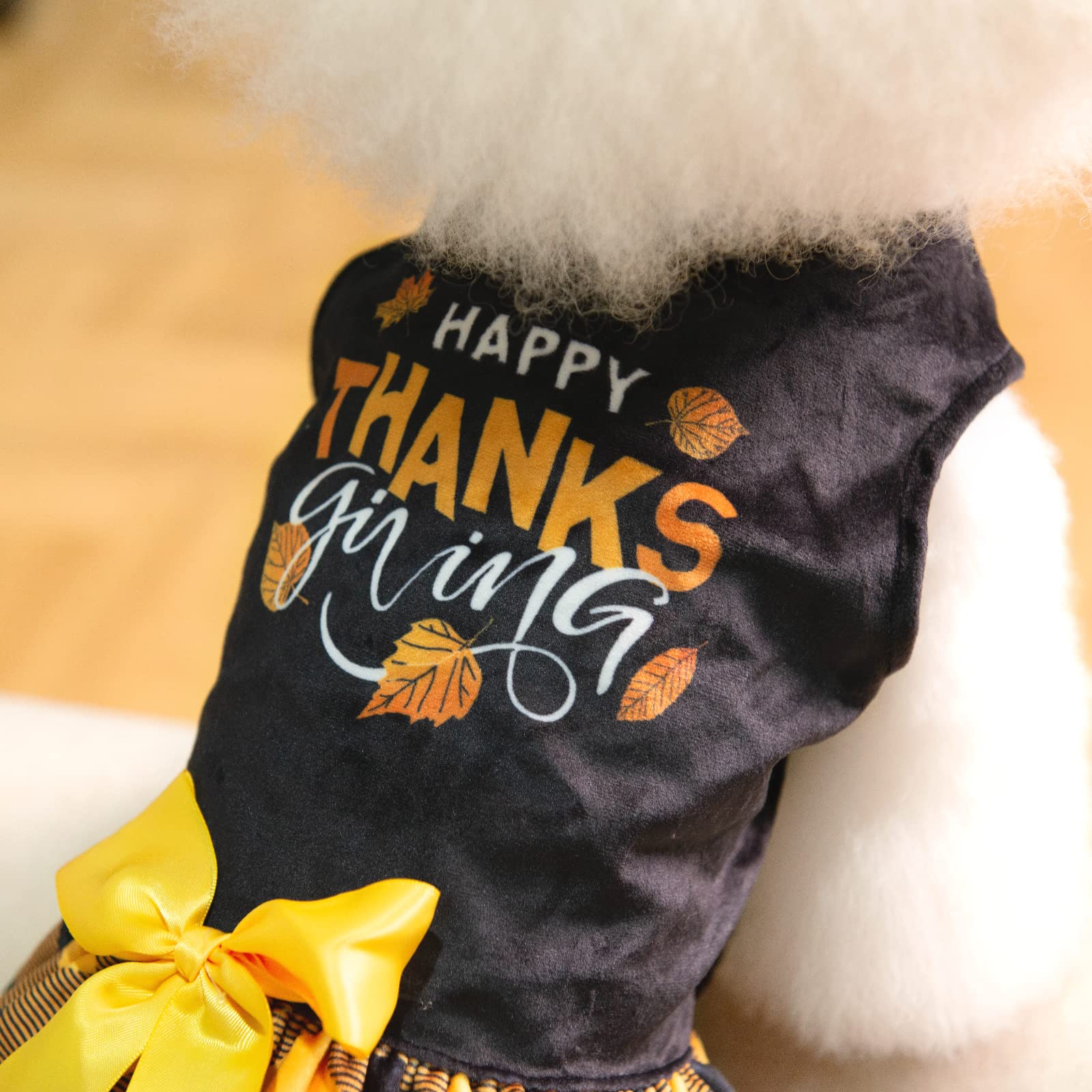 Cutebone Happy Thanksgiving Day Dog Fall Dress Costume Velvet For Small Dogs Girl Puppy Dresses Yellow Plaid Dog Clothes Cva03M-