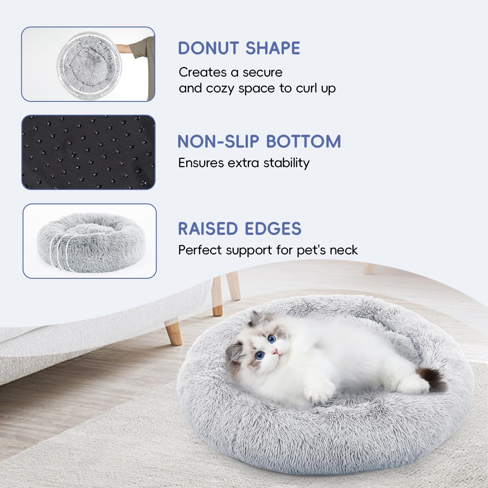 Fluffydream 24 Inch Donut Dog Bed, Calming Plush Fur Cuddle Bed For Dogs And Cats, Grey Washable Round