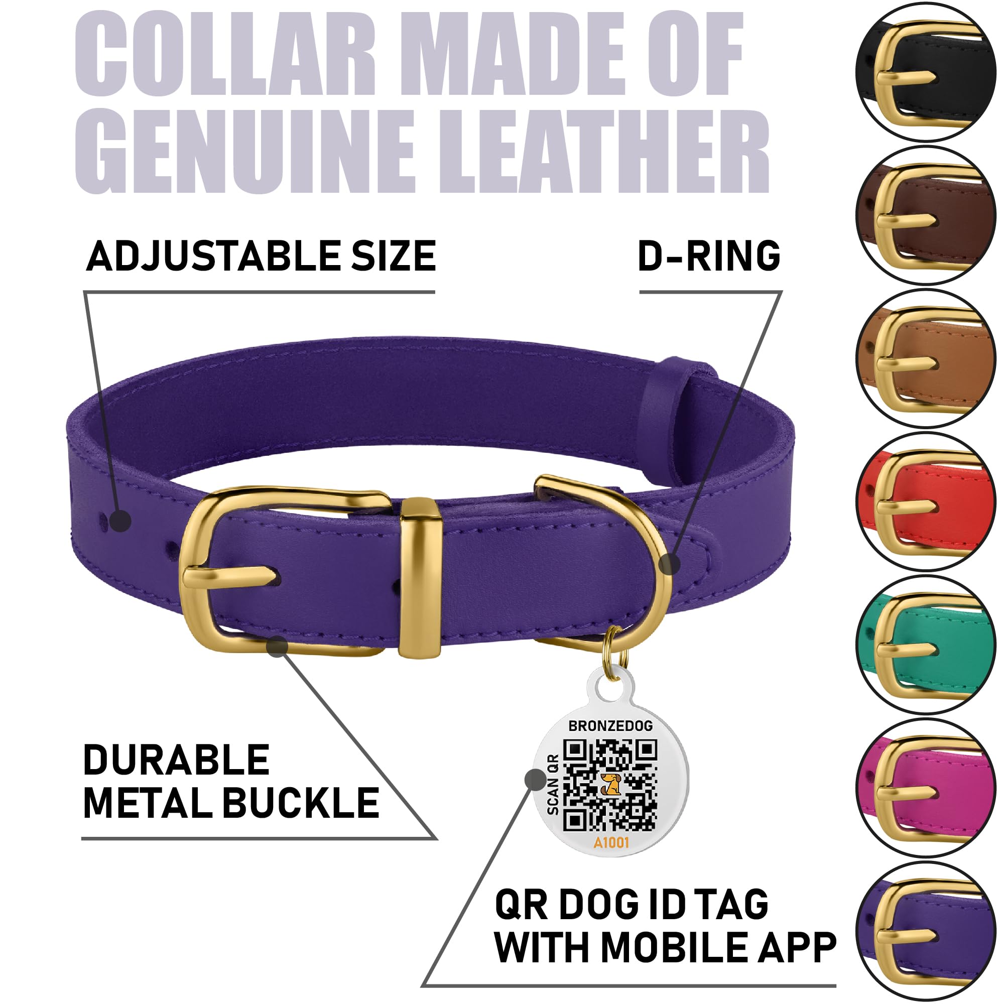 Bronzedog Leather Dog Collar With Qr Id Tag Basic Pet Collars For Small Mini Dogs Cats Puppies (7-9 Inch (Pack Of 1), Purple & G