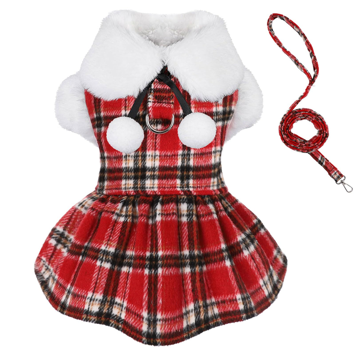 Christmas Sweater With Leash Set D Ring Plaid Fleece Clothes For Small Dogs Girl Boy Winter Pet Dress, Cold Weather Coat Fall Xx