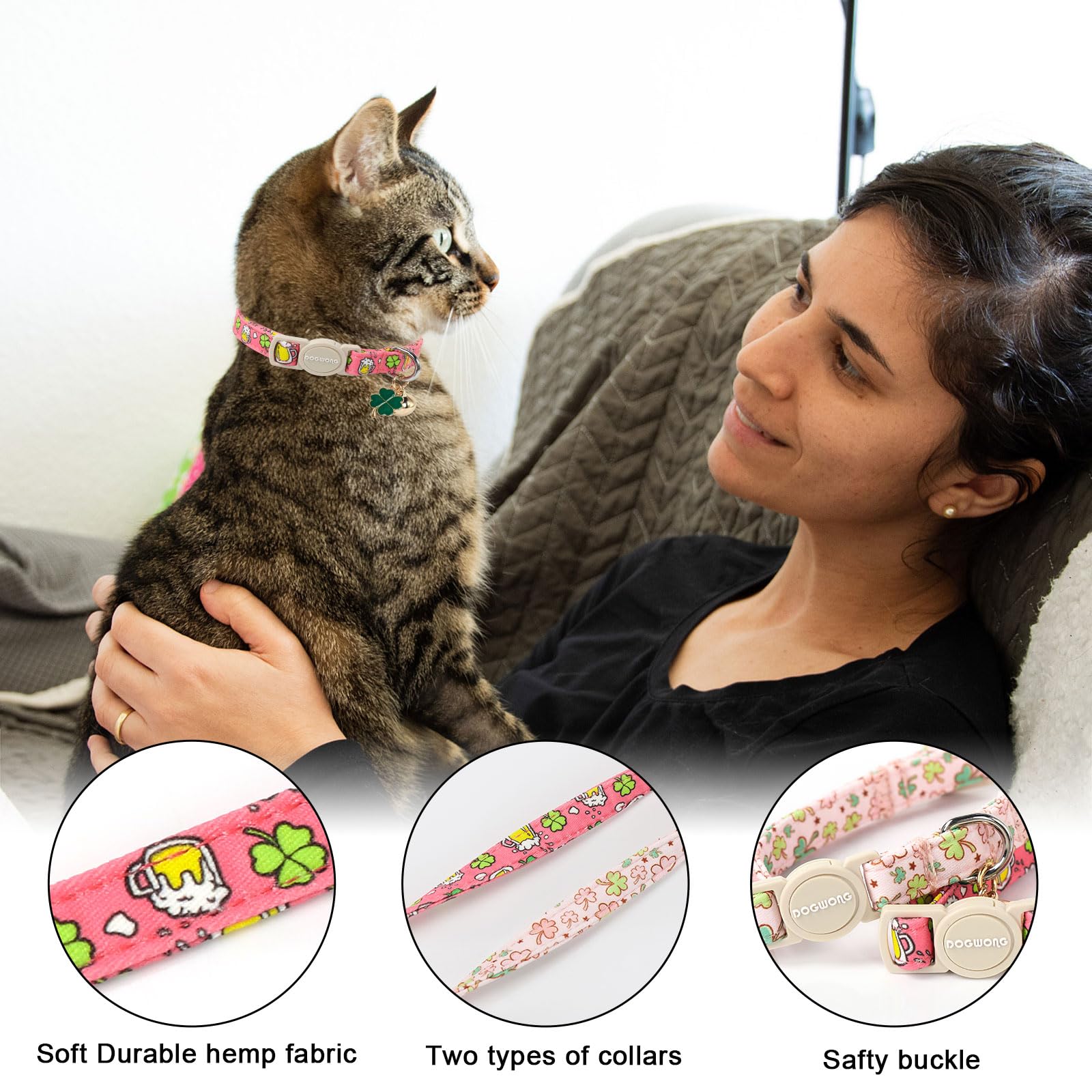 Dogwong Cat Collar 2 Pack Breakaway With Bell - Safety Buckle St. Patrick'S Day Green Trefoil For Girl Boy Cats, Adjustable 7-12