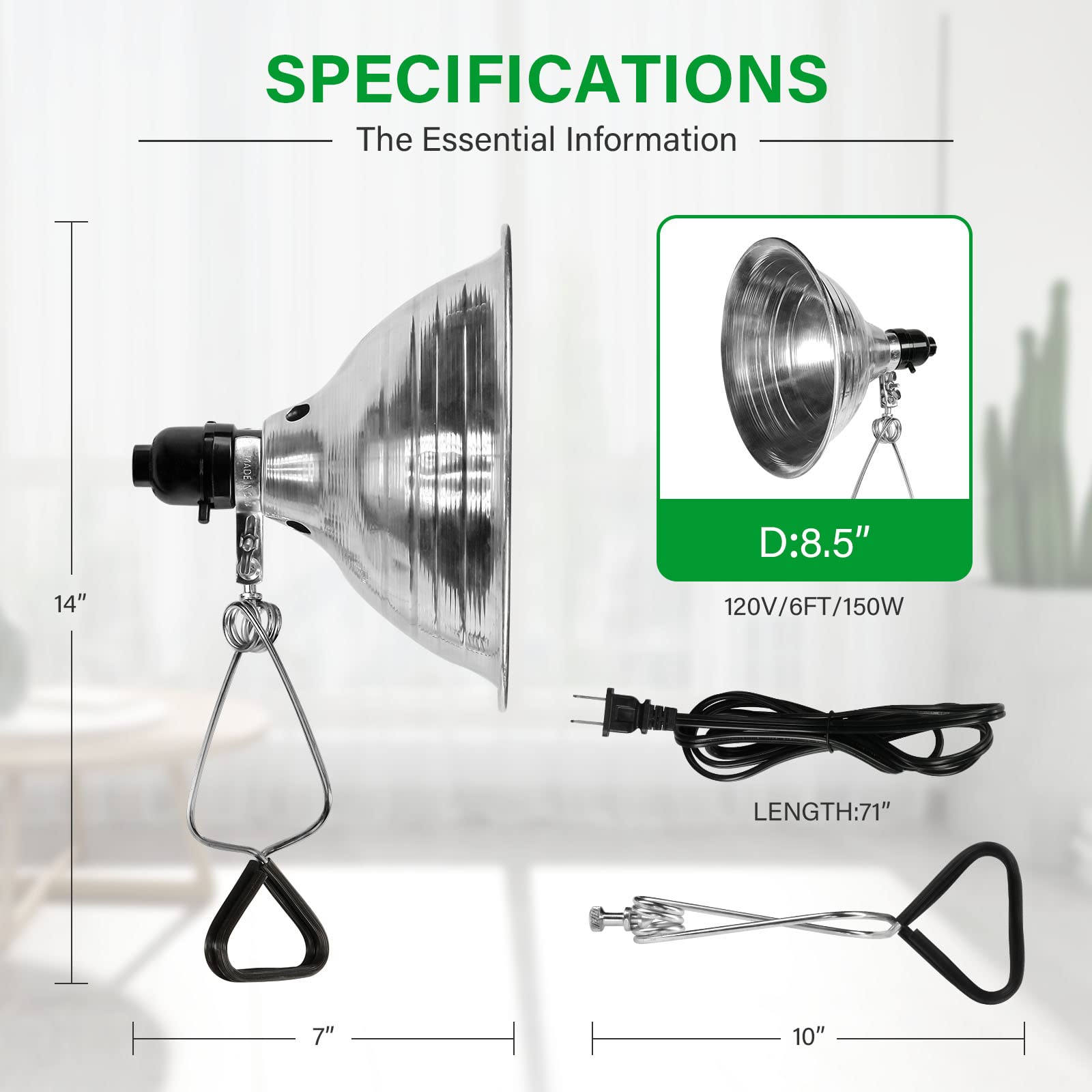 Simple Deluxe Clamp Lamp Light With 8.5 Inch Aluminum Reflector Up To 150 Watt E26 (No Bulb Included) 6 Feet 18/2 Spt-2 Cord, 6-