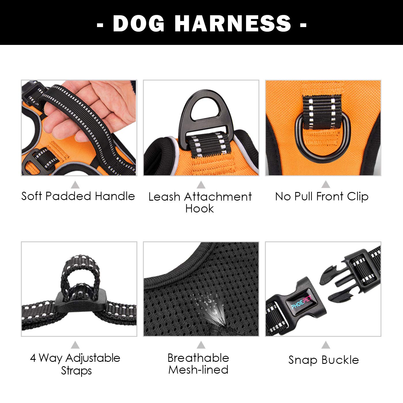 Phoepet No Pull Dog Harnesses For Small Dogs Reflective Adjustable Front Clip Vest With Handle 2 Metal Rings 3 Buckles [Easy To Put On & Take Off] (Xs, Orange)
