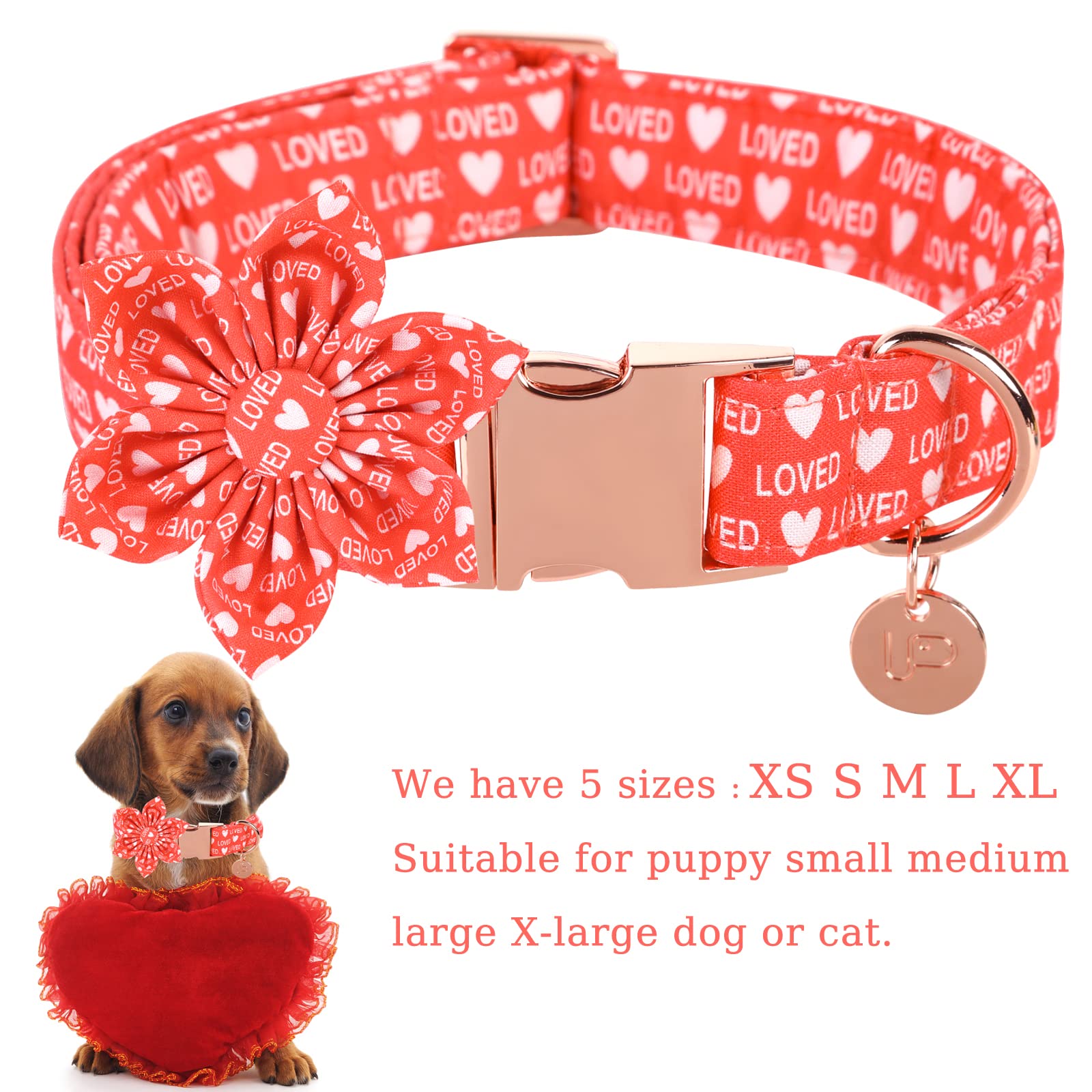 Up Urara Pup Valentine’S Day Dog Collar With Flower, Valentine Flower Collar With Metal Buckle, Valentine’S Day Gift Pet Collar For X-Large Girl Dog, Wedding Dog Collar, Red, Xl, Neck 16-26In