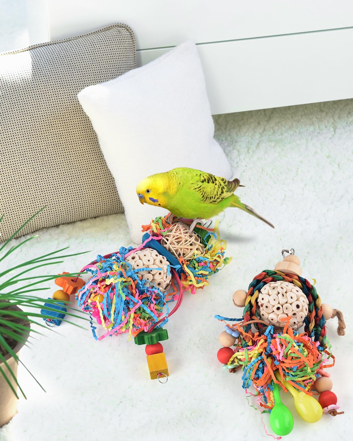 Bissap Conure Toys, 3 Pcs Parrot Foraging Shredder Hanging Toys Sola Balls With Sand Hammer Perch Swing Climbing For Small Parro