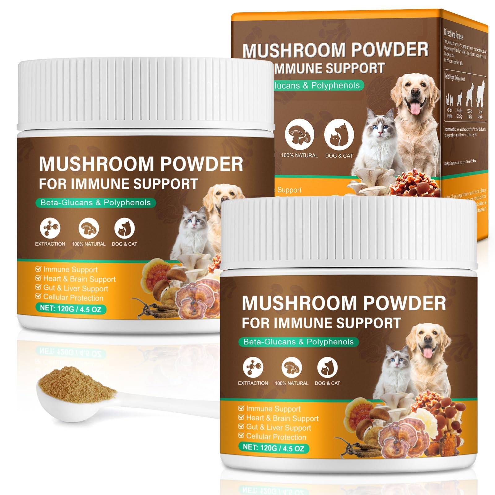 Mushroom Supplement Powder for Dogs & Cats, 2 Pack Turkey Tail Mushroom for Dog, Enriched with Antioxidants, Immune Support, Cel