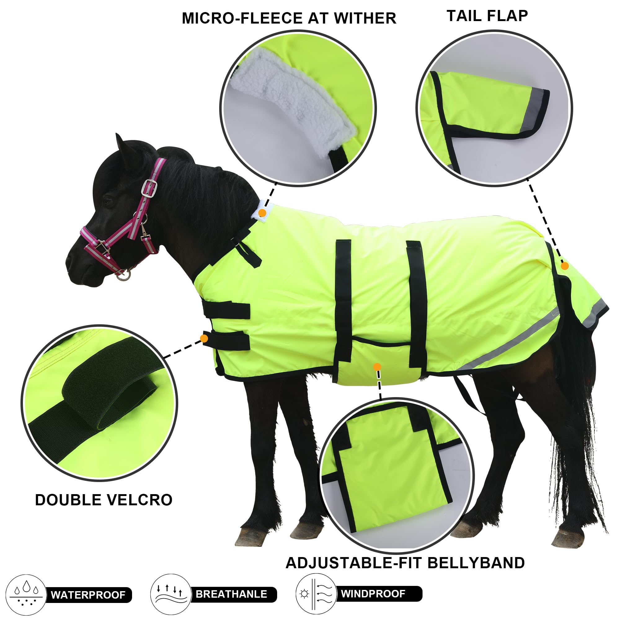 Gallopoff Foal/Mini Horse Size 30''-48'' Waterproof & Breathable 300 Denier Winter Turnout Blanket With 150G Polyfill Green Larg
