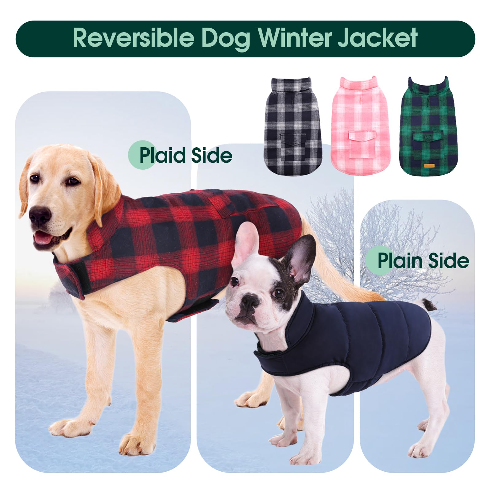 Kuoser Reversible Winter Coat, British Style Jacket For Small Medium And Large Dogs - Warm, Windproof Puppy Cold Weather Vest -