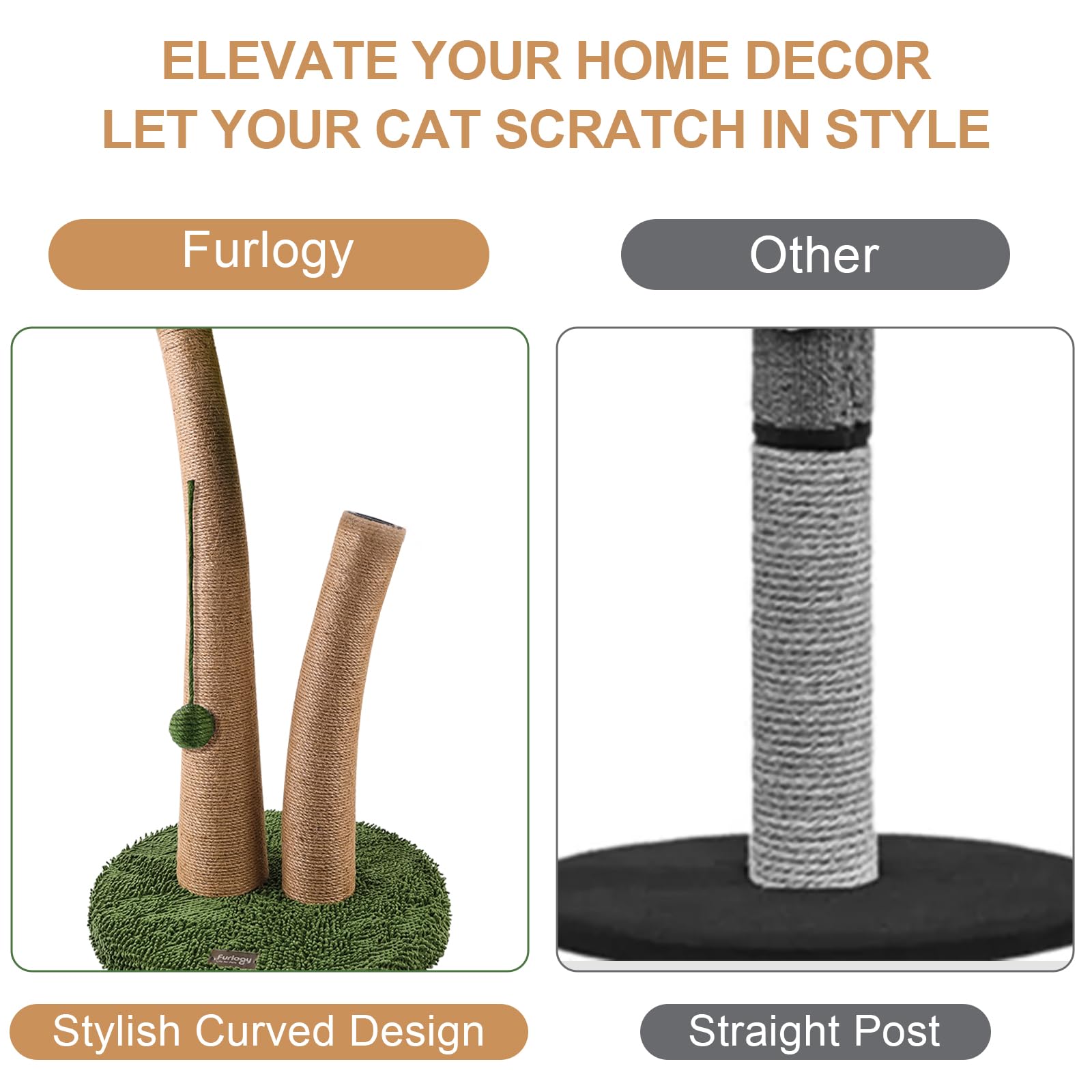 Furlogy Cat Scratching Post, 35'' Tall Cat Scratcher With Natural Sisal Rope, 5 Interactive Toy Balls And 2 Curved Design Scratc
