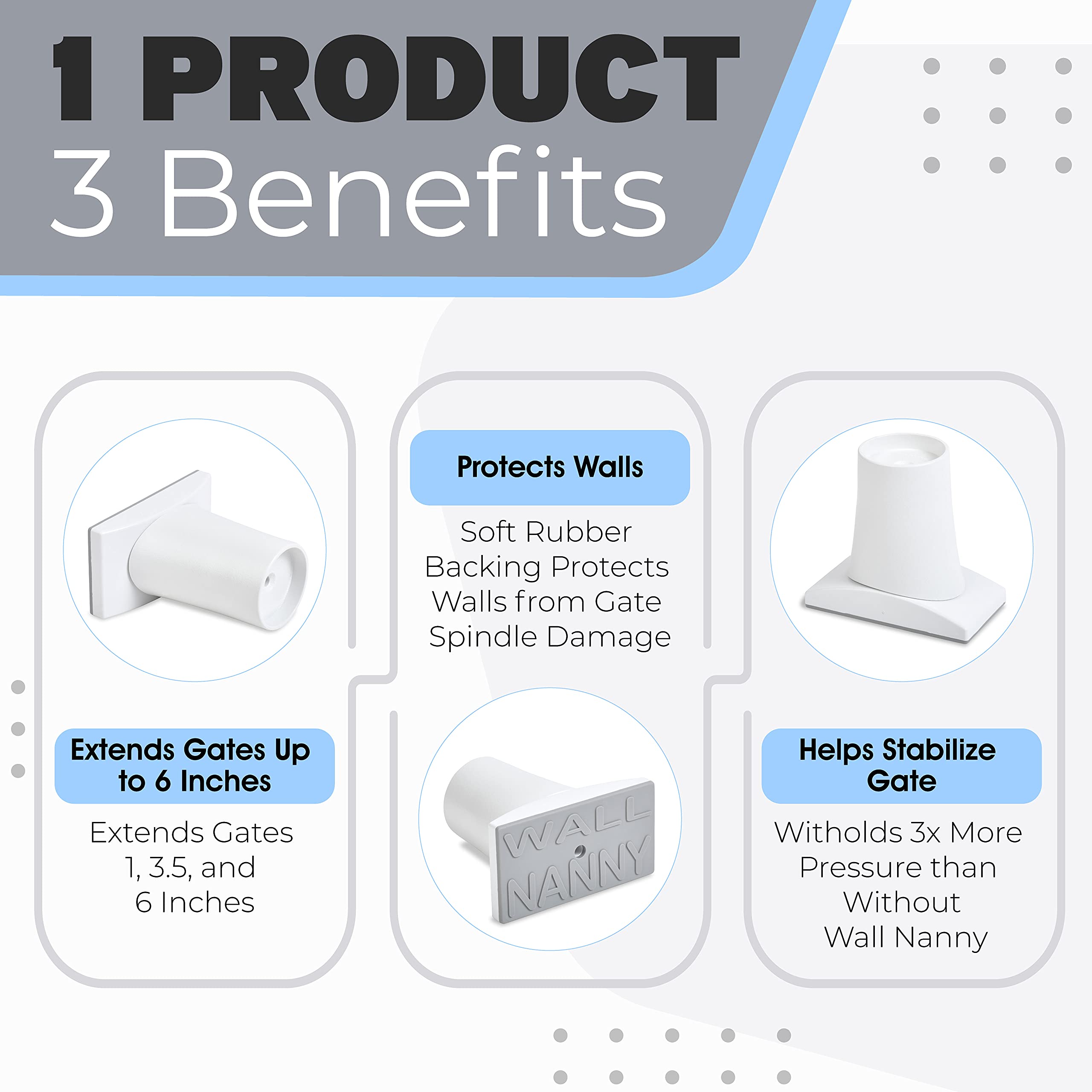 Wall Nanny Extender - 6 Inch Baby Gate Extension Guard (Made In Usa) Extends Pressure Mounted Gates + Protects Walls + Stabilizes Gate - For Child, Pet & Dog Gates - Protector Works On Stairs - 4 Pack