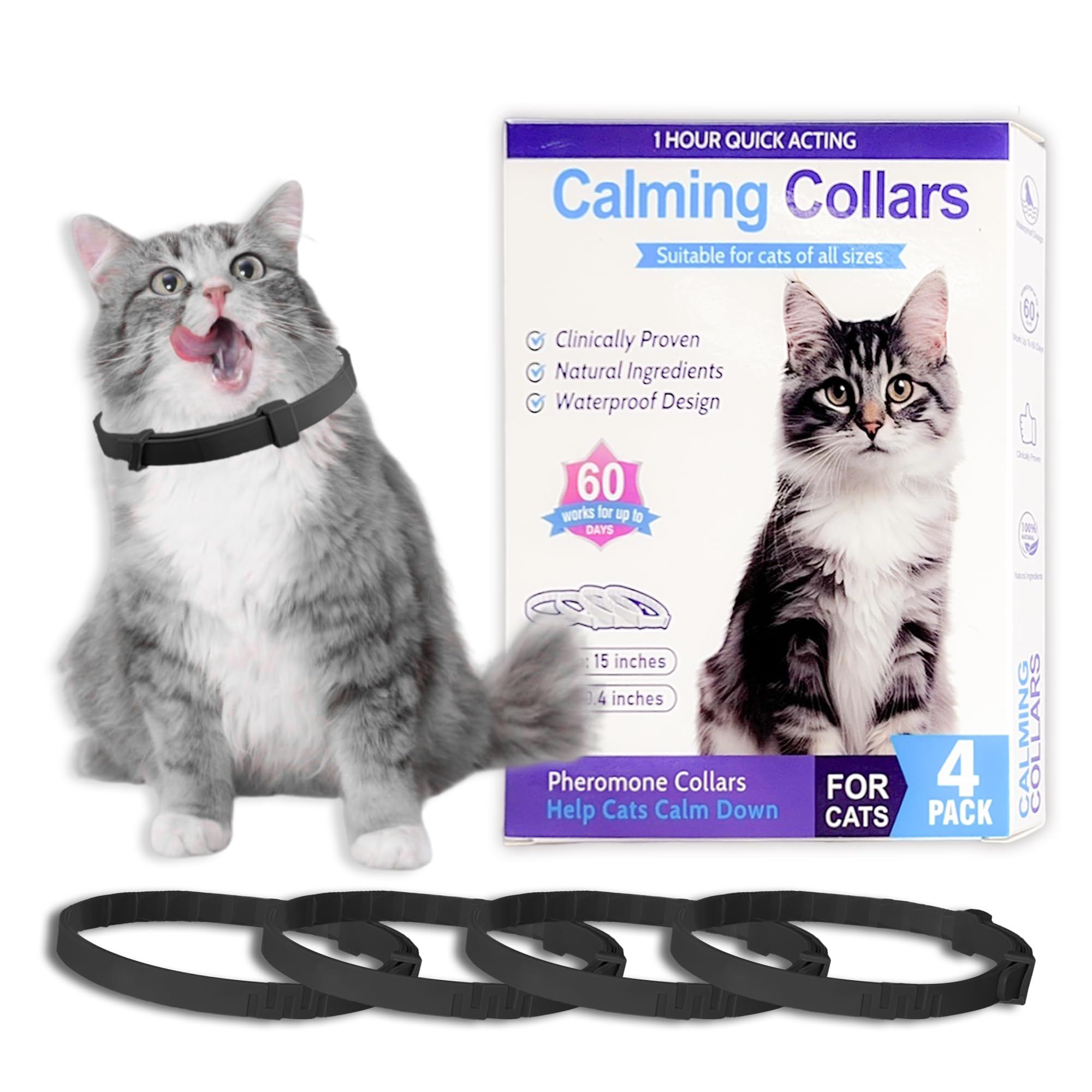 Simnice Calming Collar For Cats - 4 Pack, Adjustable Calming Collar For Cats - Pheromone Cat Collar For Anxiety & Stress Relief,