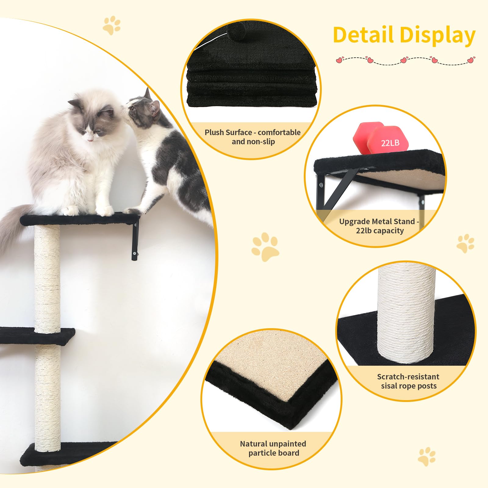 Modern Wall-Mounted Cat Furniture - 5Pcs Cat Wall Shelves, Wooden Climber Includes House, Bridge, Tree, Steps, And Scratcher (Bl