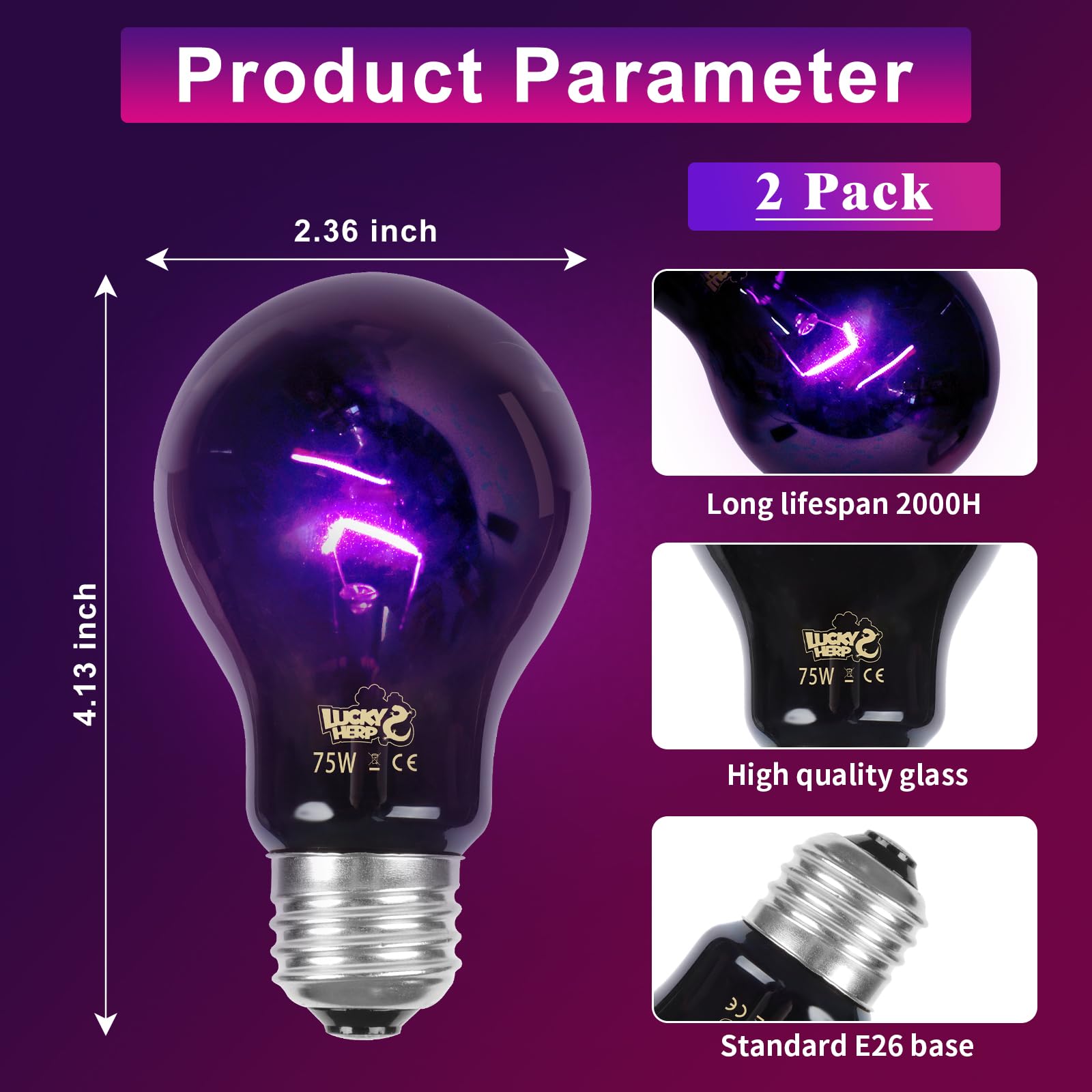 LUCKY HERP Reptile Heat Lamp 75W 2 Pack, Reptile Night Heat Bulb, Reptiles & Amphibians Basking Spot Light Bulb for Bearded Drag