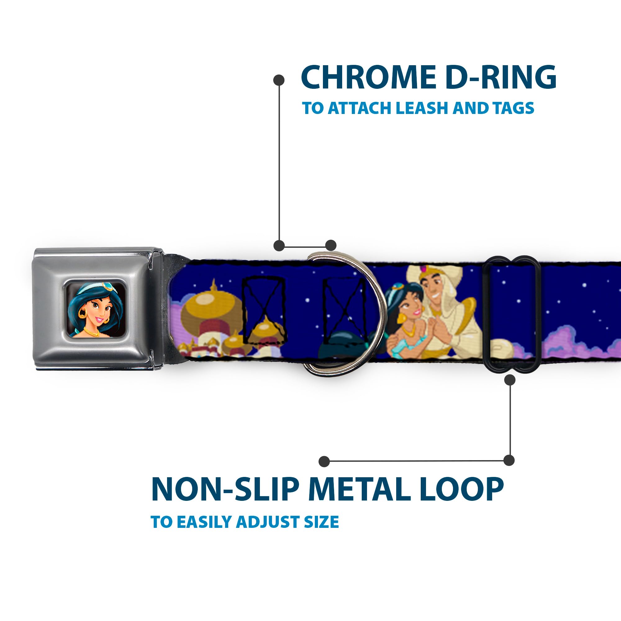Buckle-Down Seatbelt Buckle Dog Collar - Aladdin & Jasmine Magic Carpet Ride Scenes - 1.5'' Wide - Fits 16-23'' Neck - Medium