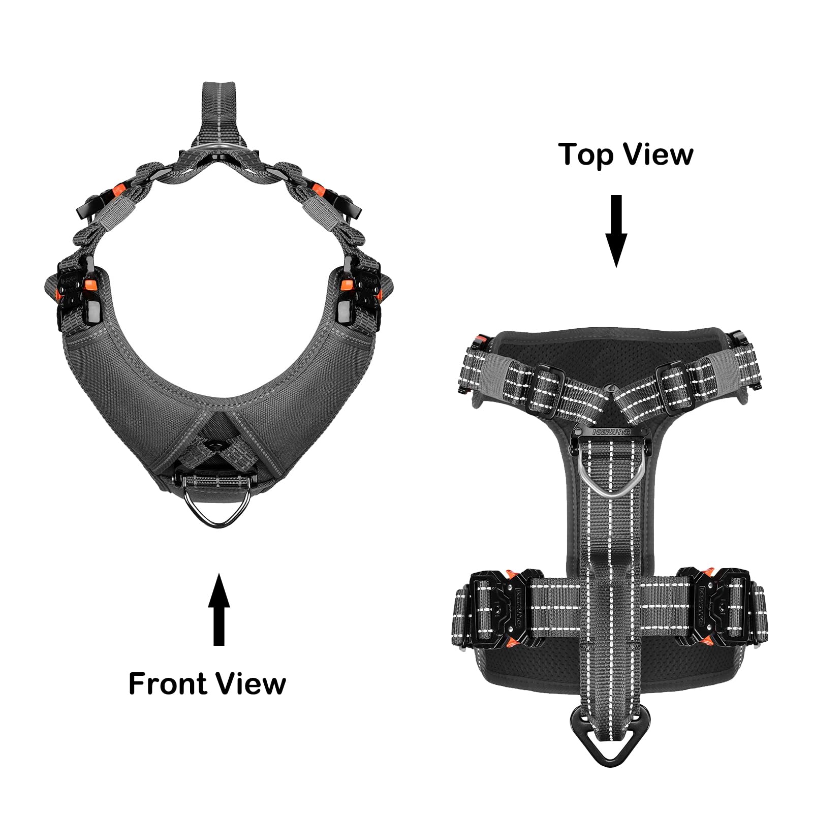 ICEFANG Dog Strap Harness - Adjustable No-Pull K9 Vest, Y-Shape Chest, Large, Grey, Nylon, 4 Metal Buckles