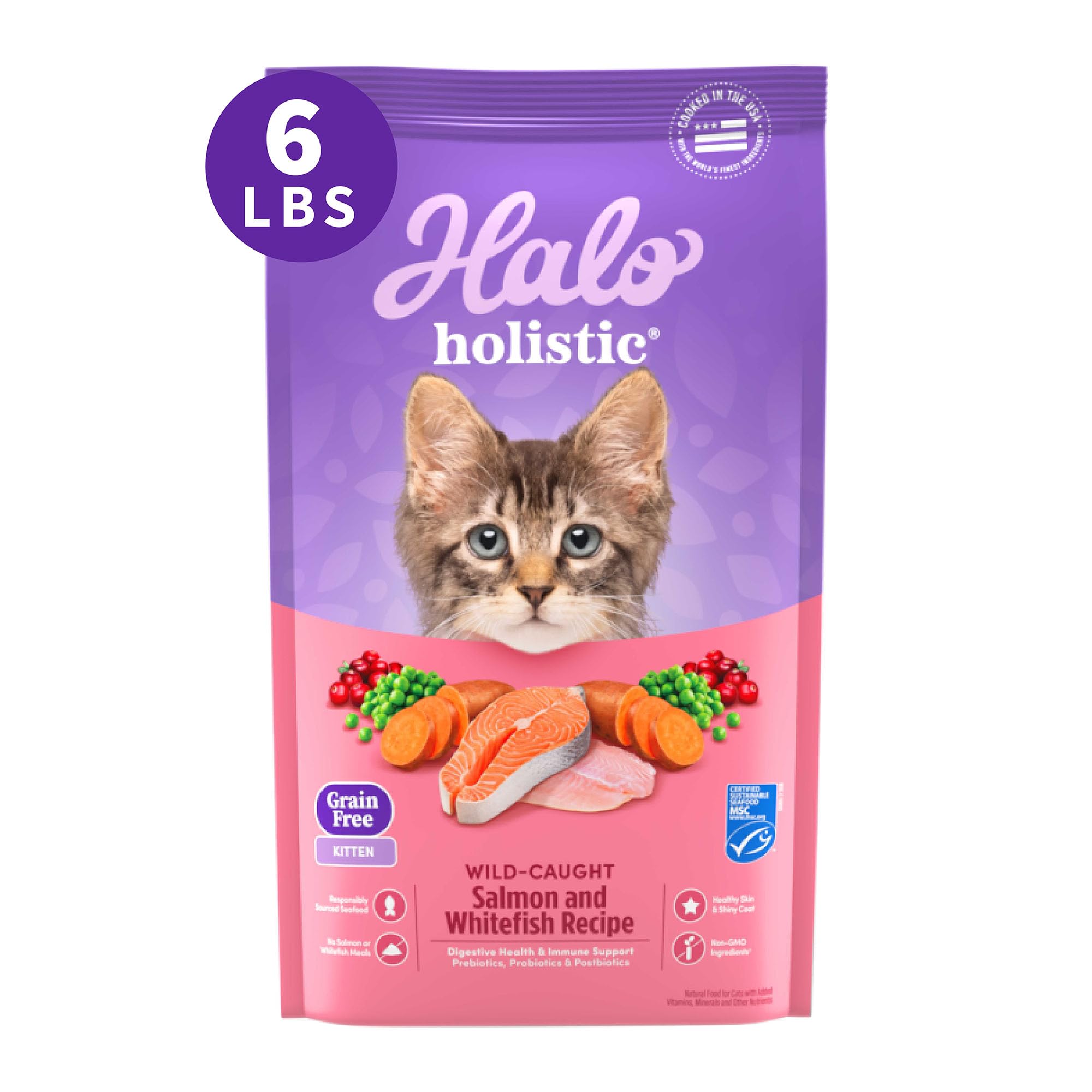 Halo Holistic Kitten Food, Wild Caught Salmon & Whitefish Recipe, Grain Free Dry Cat Food, Complete Digestive Health, 6 lb Bag