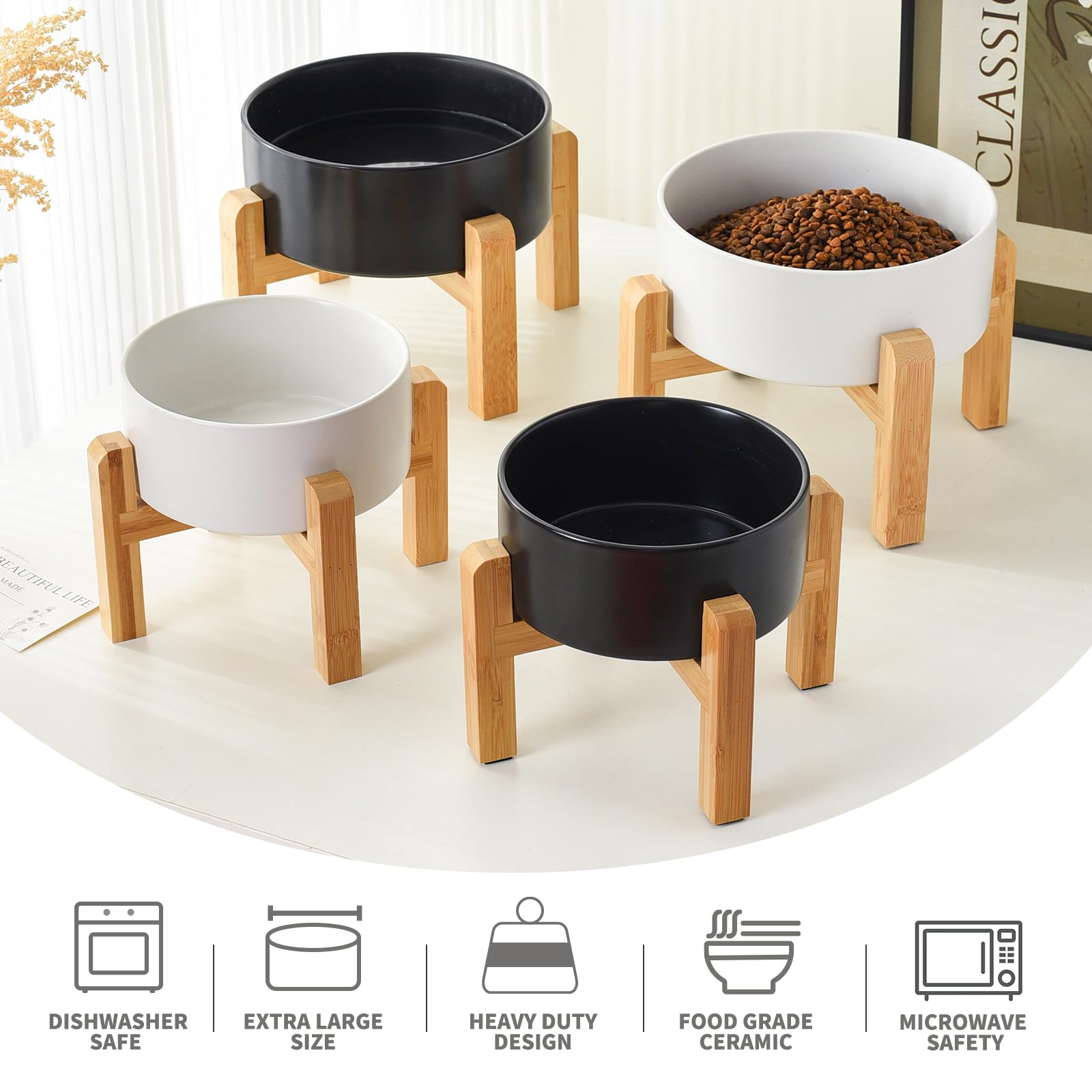 Welloyed 8 Ceramic Raised Dog Bowl - 70Oz Dog Food & Water Bowl with Elevated Non-Slip Bamboo Stand, Dishwasher & Microwave Sa