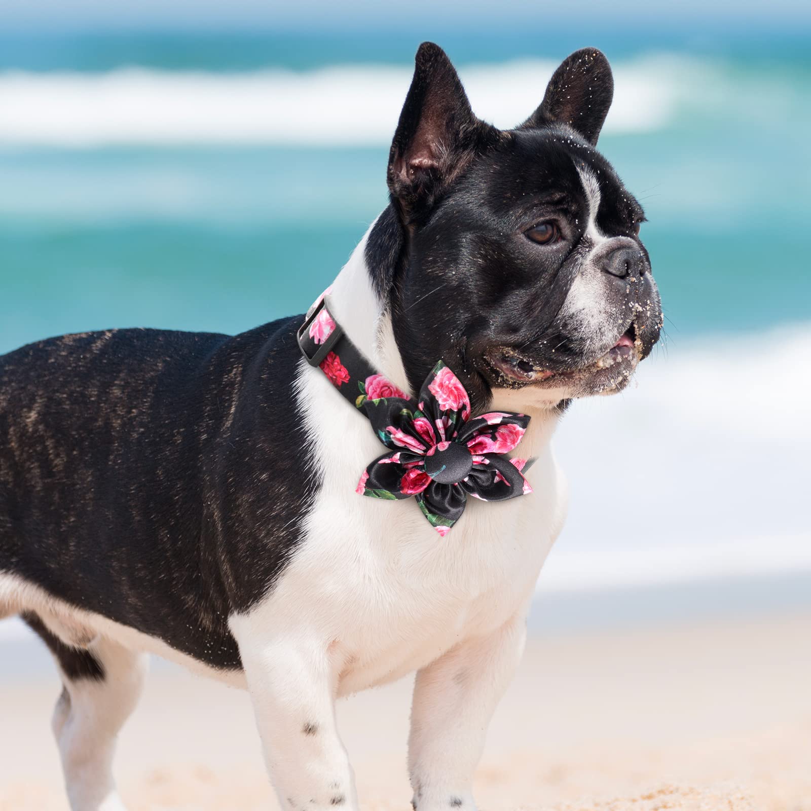 Floral Girl Pink Dog Collar With Rose Flower Bow Tie For Cute Female Cats & Dogs - Small To Large Sizes