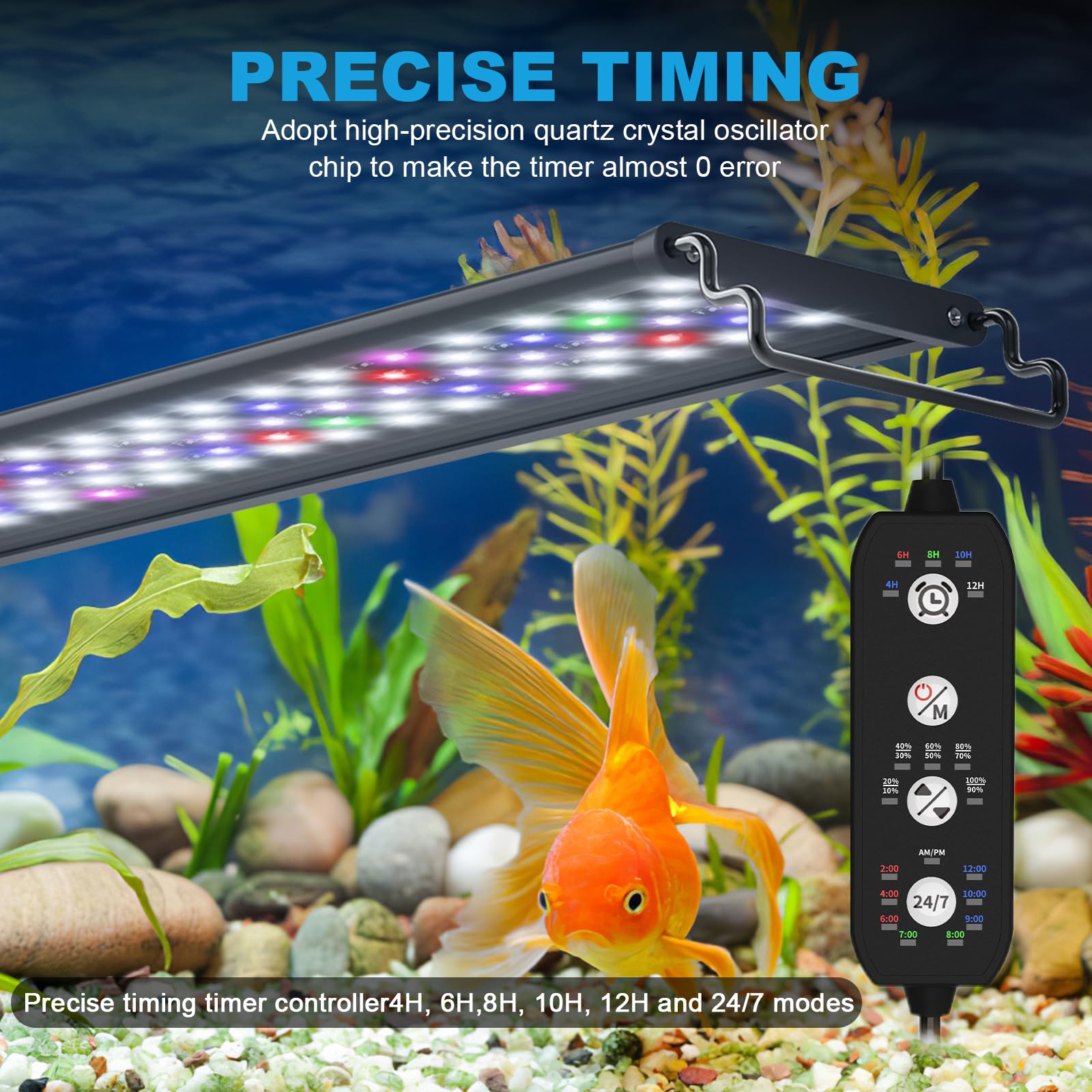 SEAOURA 24/7 LED Aquarium Light - 42W, 7 Colors, Adjustable Timer for 48-54" Tanks, Black, Model SR-618, Aluminum
