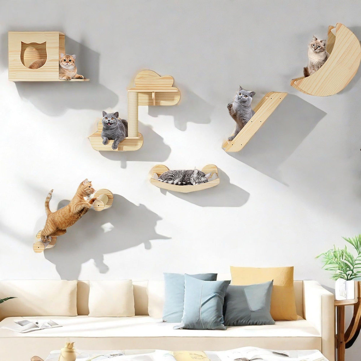 Yitahome Solid Wood Cat Wall Shelves And Perches For Wall, Pine Wall-Mounted Cat Tree Set Of 9, Climbing Shelves With Moon Cats 