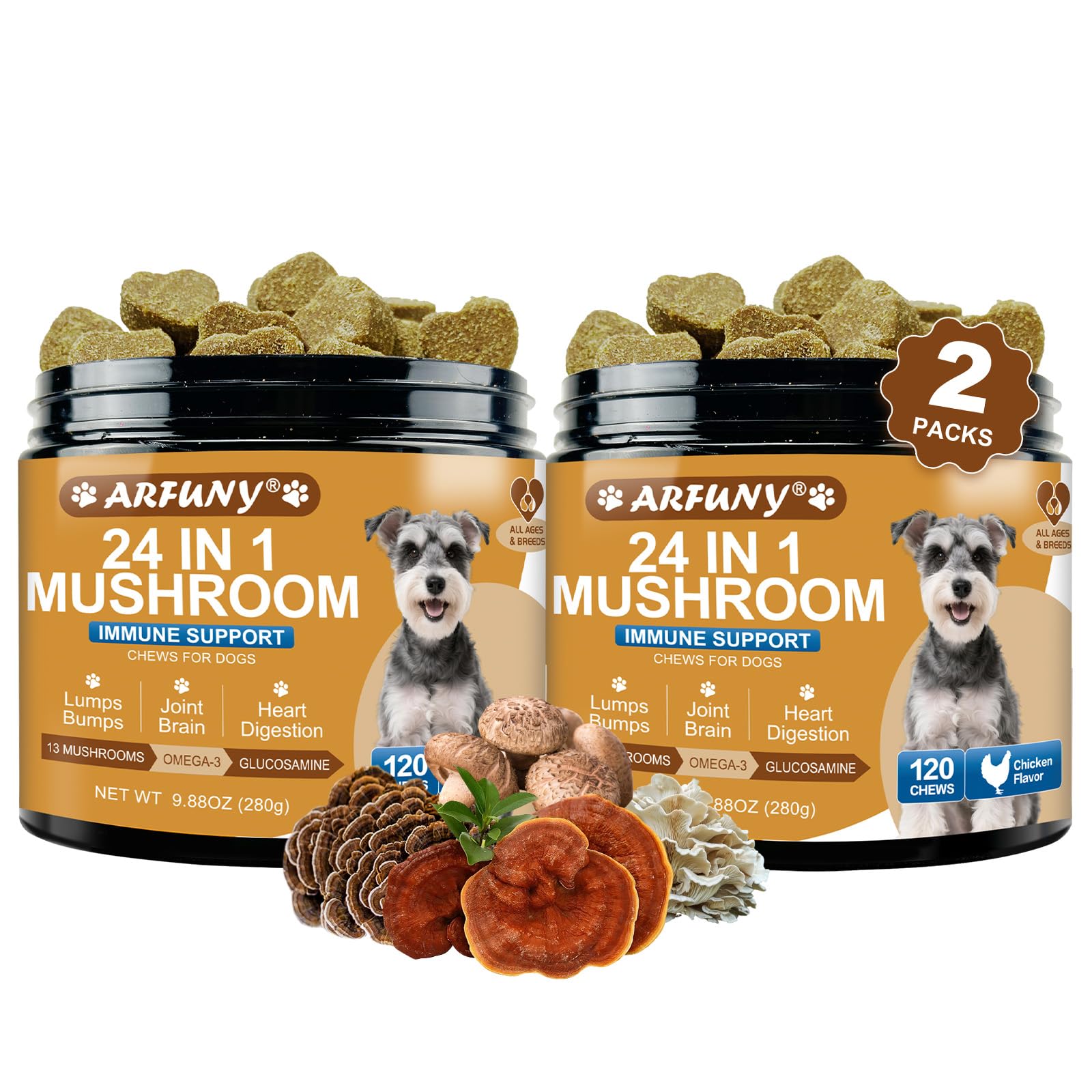 2-Pack Mushroom Supplement for Dogs - Turkey Tail Mushroom for Dogs Lumps, Bumps, Gut, Skin, Joint, Immune Health - 13 Organic M