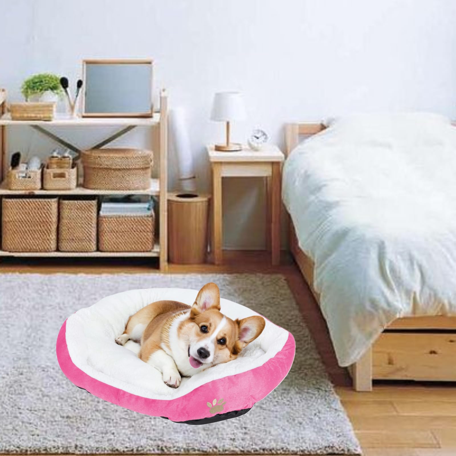 Barelove Round Dog Cat Beds Mattress Washable Pads Room, Soft Durable Plush Faux Fur Sleeping Pet Fleece Bed Mat For Small Doggy Kitten Puppy, With Anti-Slip Waterproof Bottom (Pink)