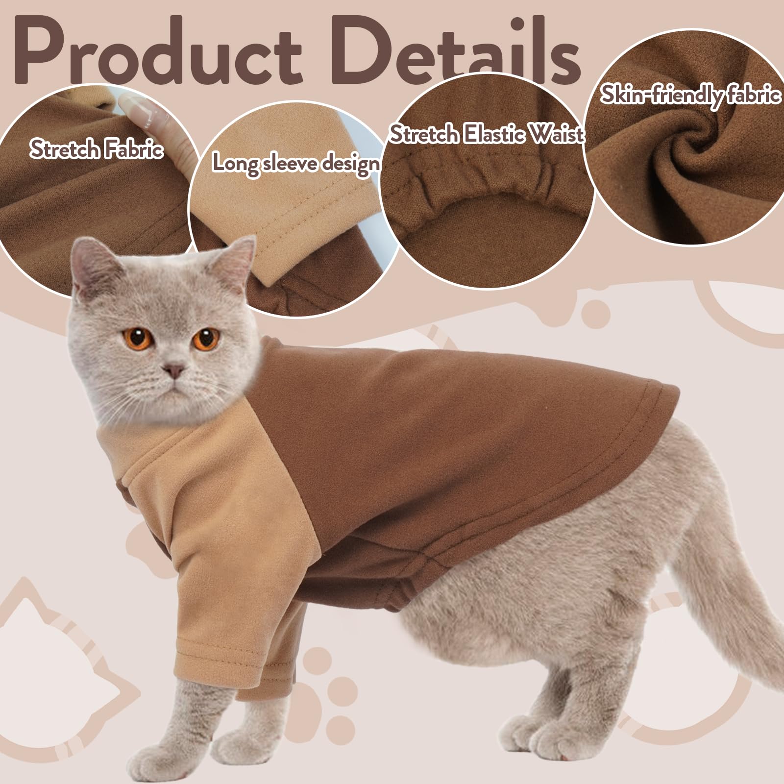 T'Chaque Cat Pajamas - Soft Cat Clothes& Shirts & Pajamas With Sleeves, Stretchy Sweater, Pullover Kitten Clothes, Darkbrown, Xx