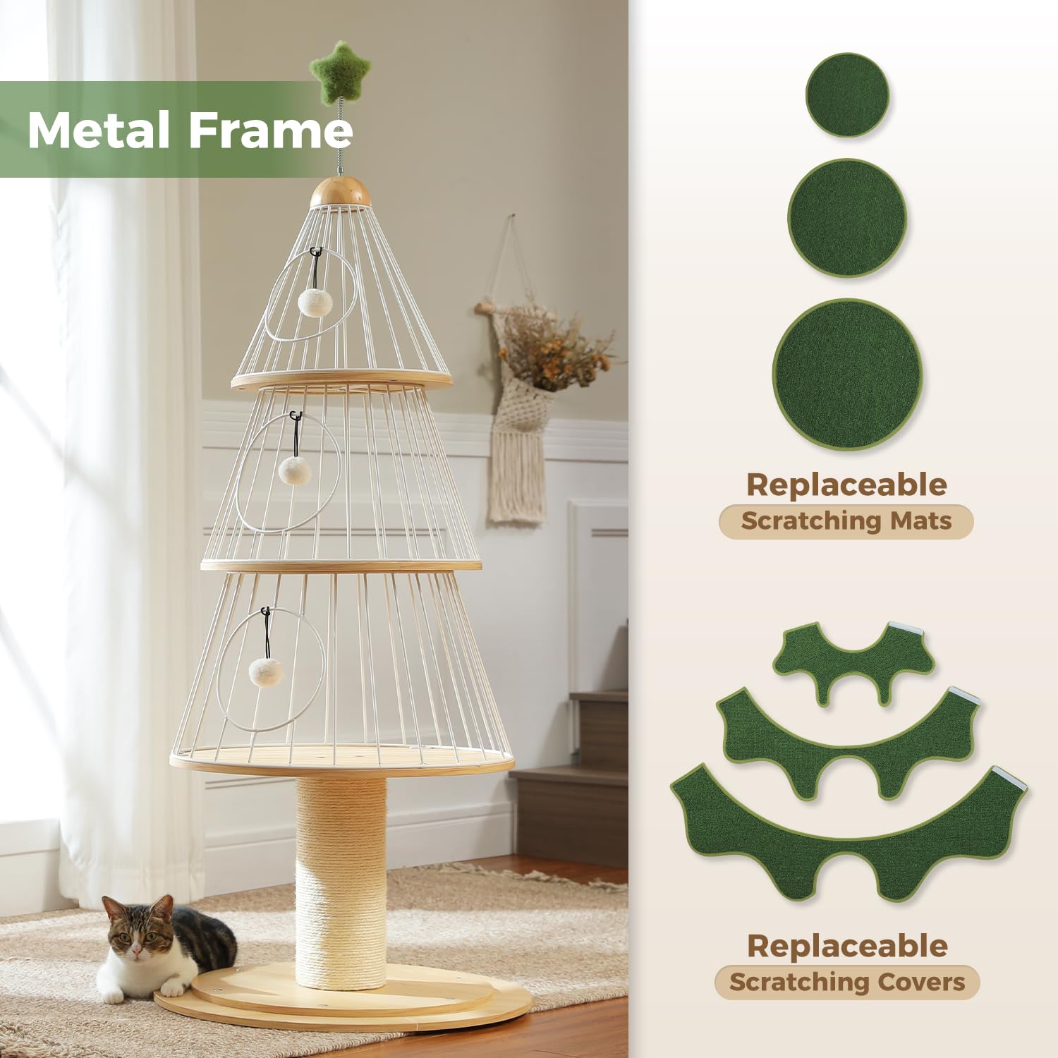 Muttros Modern Cat Tree - 51.2' W/Thick Scratch Post & 3 Condos - Heavy Duty Cat Furniture W/Metal Frame & Replaceable Mat For