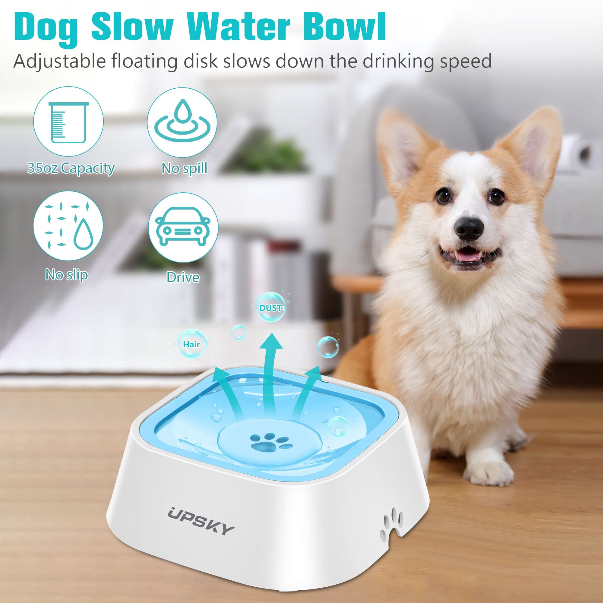 Upsky No-Slip Slow Drinking Bowl - 35Oz No Spill Pet Water Dispenser For Dogs And Cats