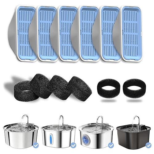 PEKTACO Cat Water Fountain Filters & Pre-Filter Sponges, 6 Pack, Standard Size, Blue, Compatible with 3.2L Automatic Pet Fountain