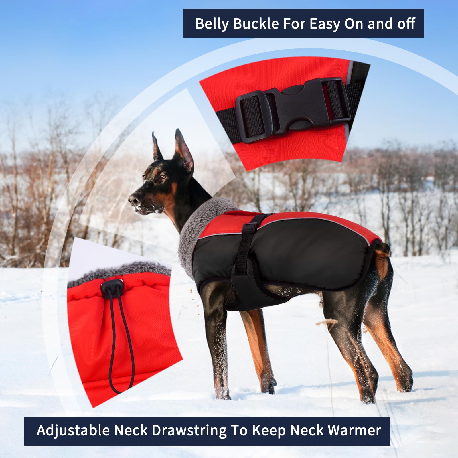 IECOii Extra Warm Reflective Dog Coat - Adjustable Turtleneck Jacket for Small to Extra Large Dogs - Medium, Christmas Red